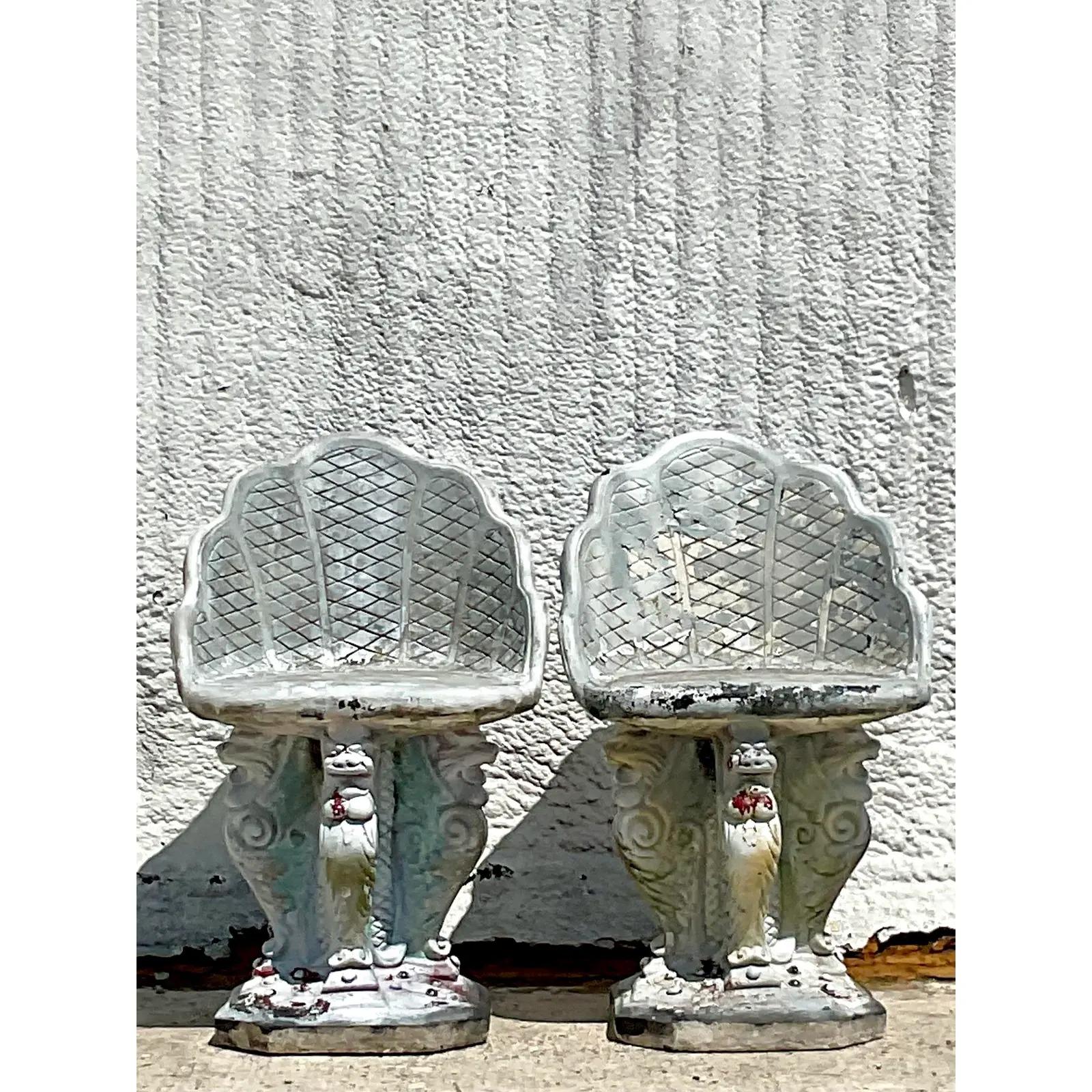 20th Century Vintage Regency Winged Griffin Concrete Grotto Chairs, a Pair