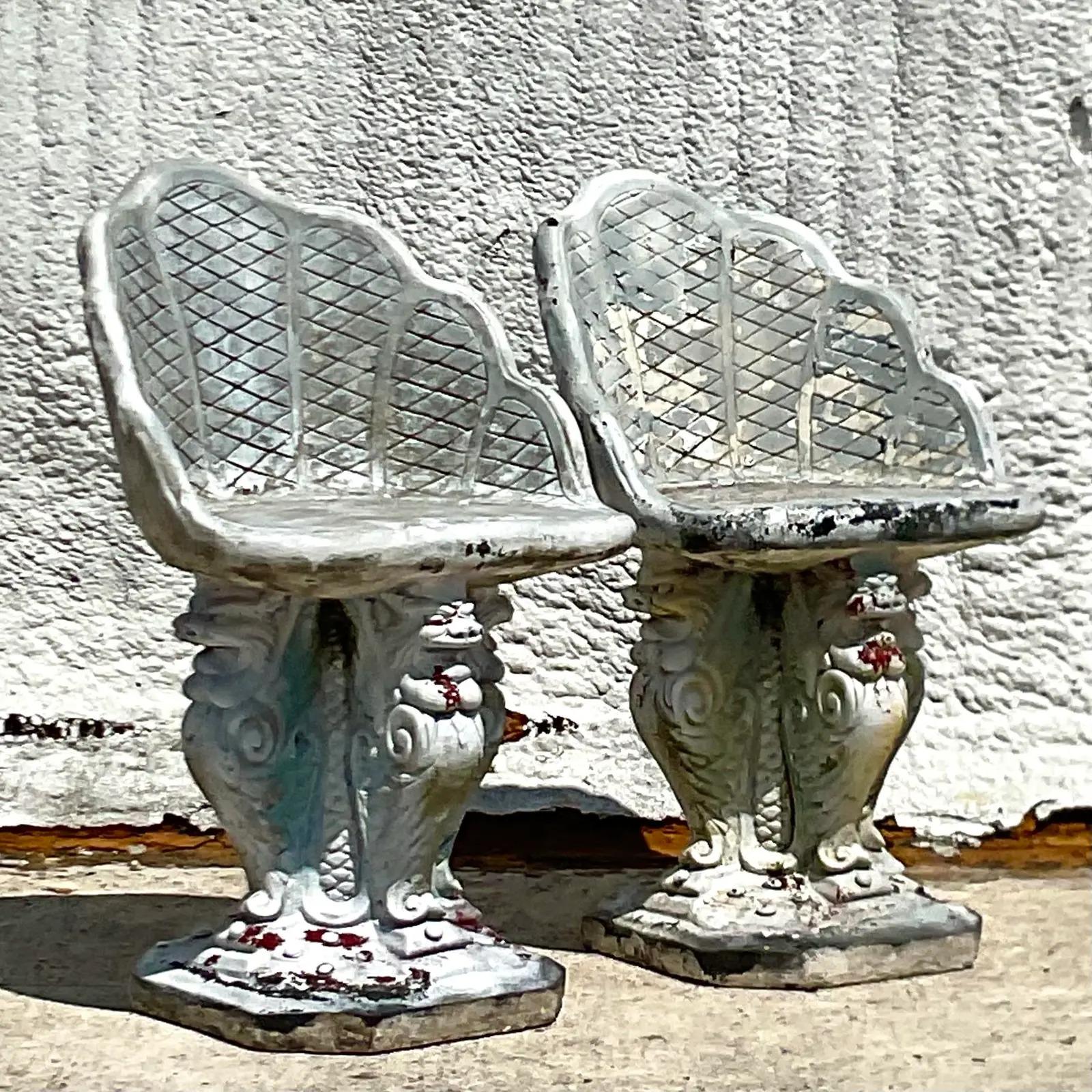 Shell Vintage Regency Winged Griffin Concrete Grotto Chairs, a Pair