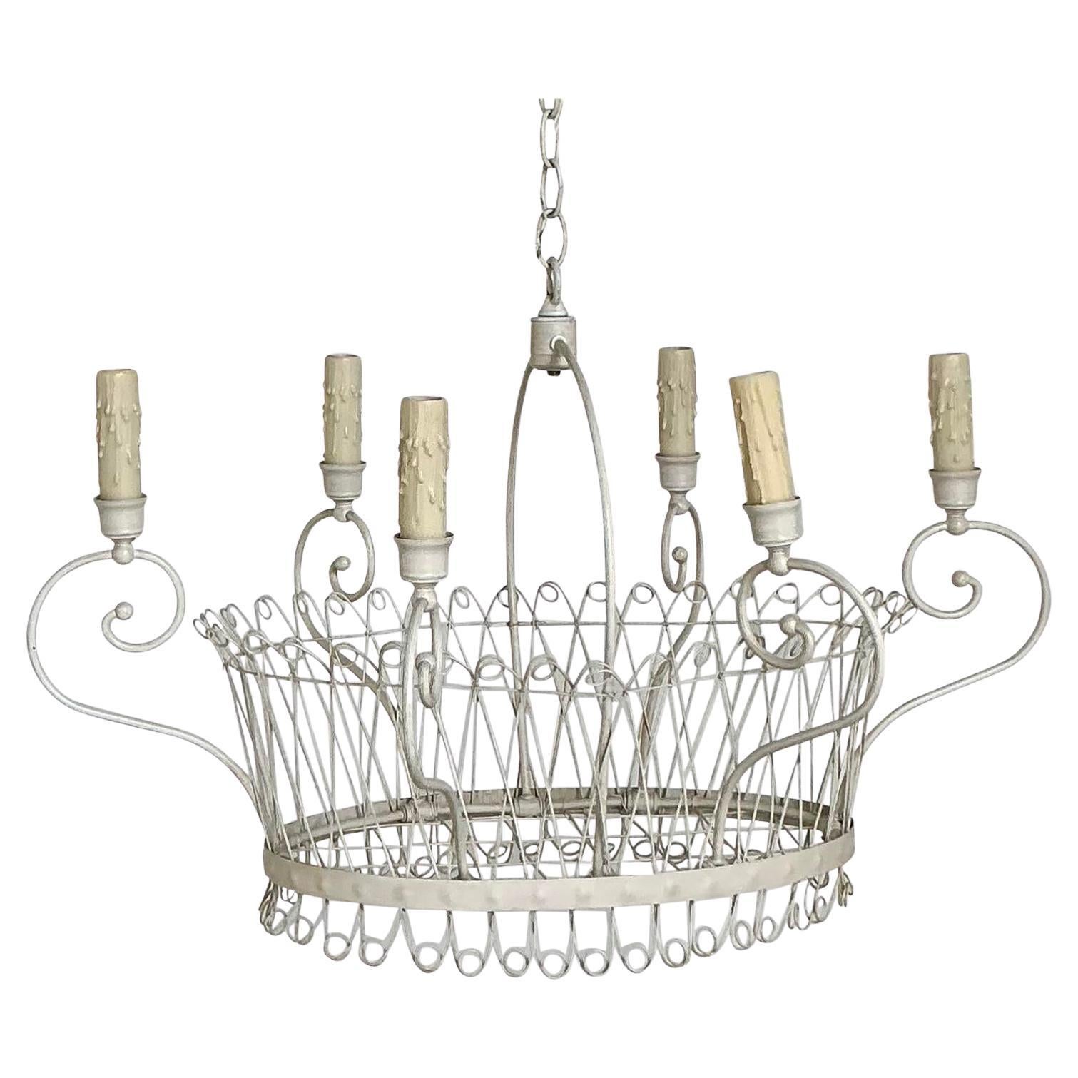 Vintage Regency Wire Basket Six Arm Chandelier For Sale