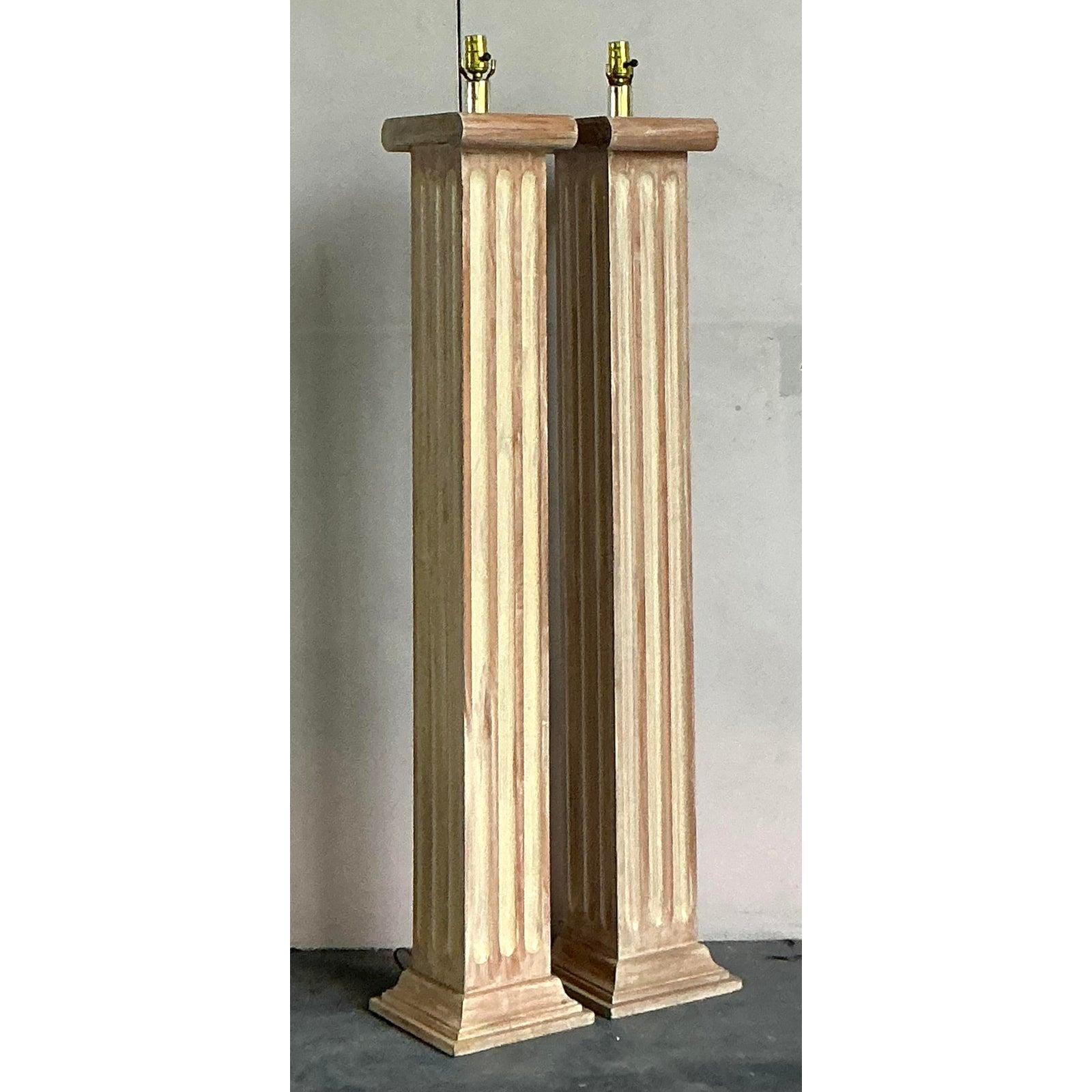 Vintage Regency Wooden Column Floor Lamps - A Pair In Good Condition For Sale In West Palm Beach, FL