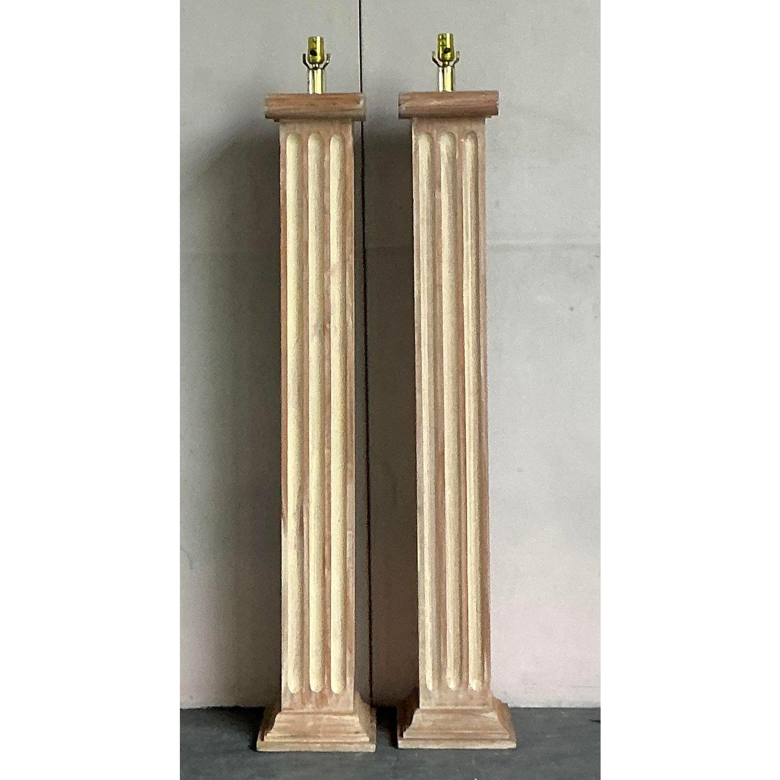 Metal Vintage Regency Wooden Column Floor Lamps - A Pair For Sale
