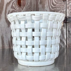 Vintage Regency Woven Glazed Ceramic Cache Pot