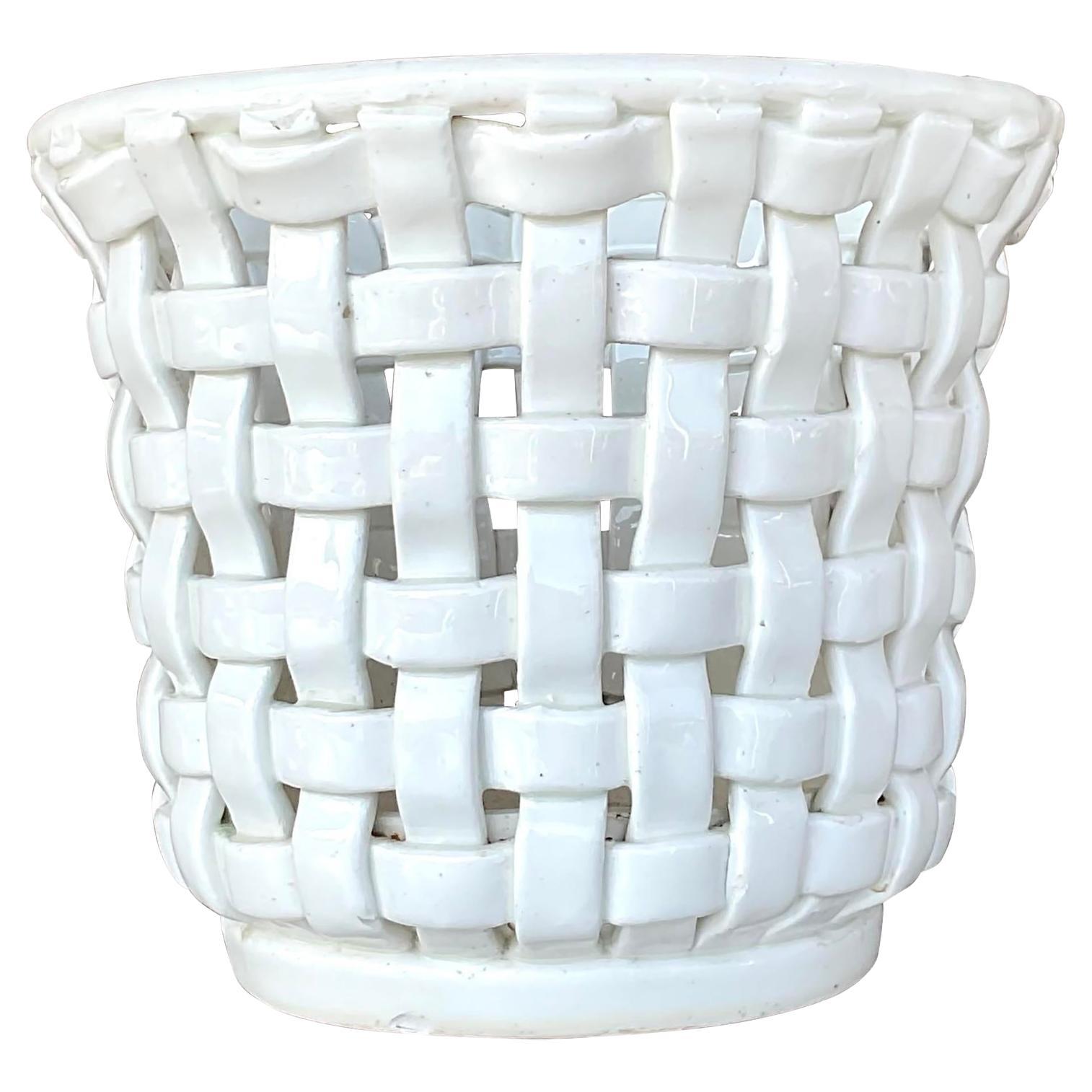 Vintage Regency Woven Glazed Ceramic Cache Pot