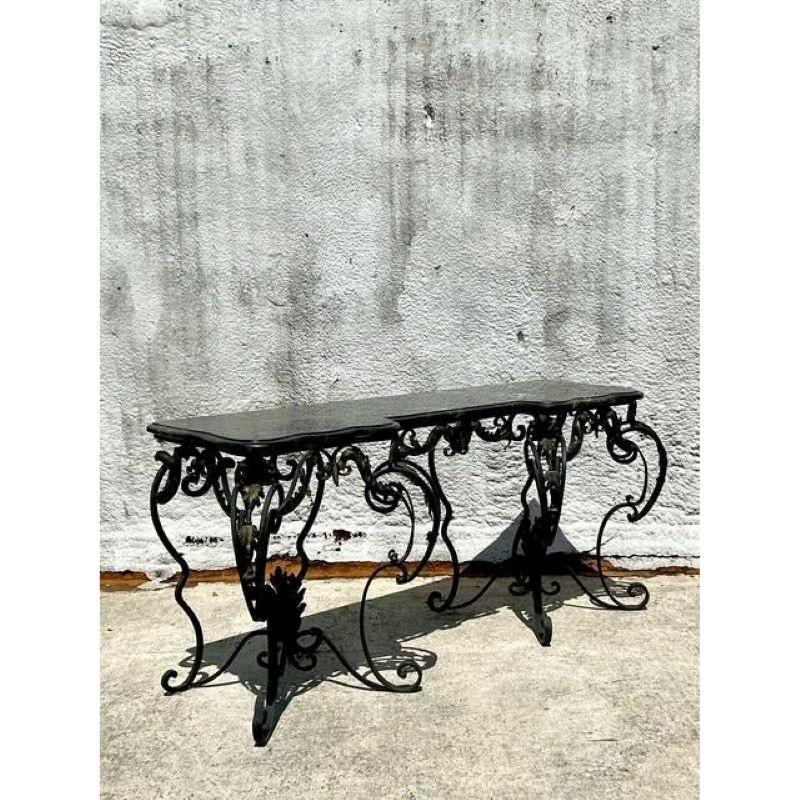 Hollywood Regency Vintage Regency Wrought Iron and Marble Console Table For Sale