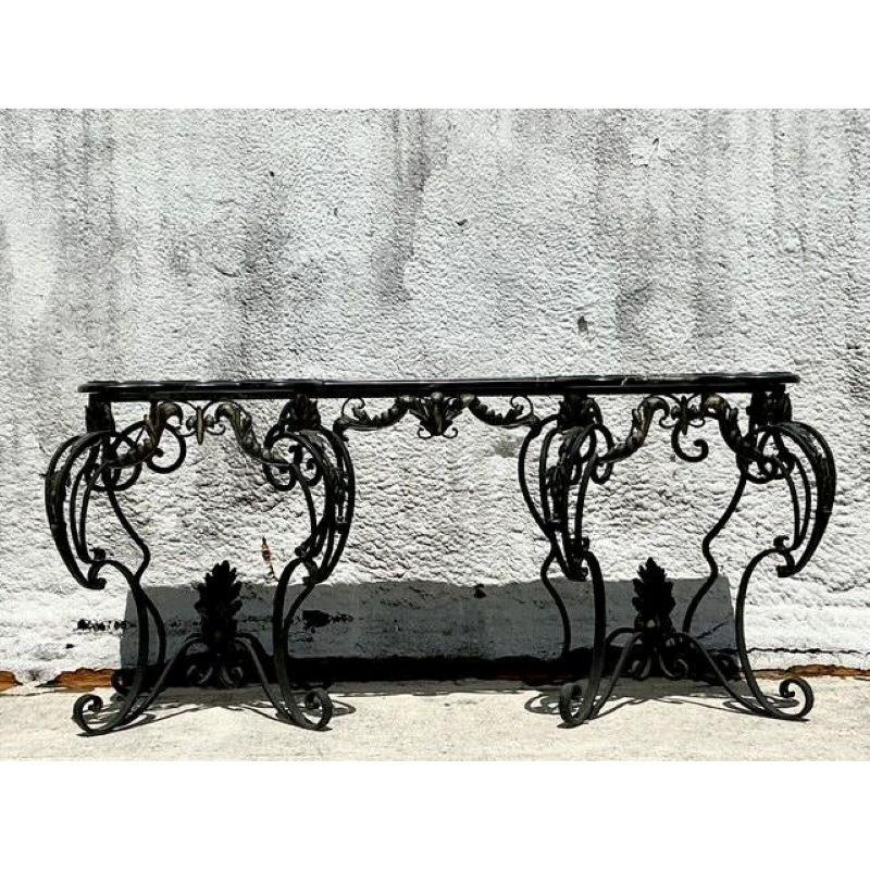 Vintage Regency Wrought Iron and Marble Console Table In Good Condition For Sale In west palm beach, FL
