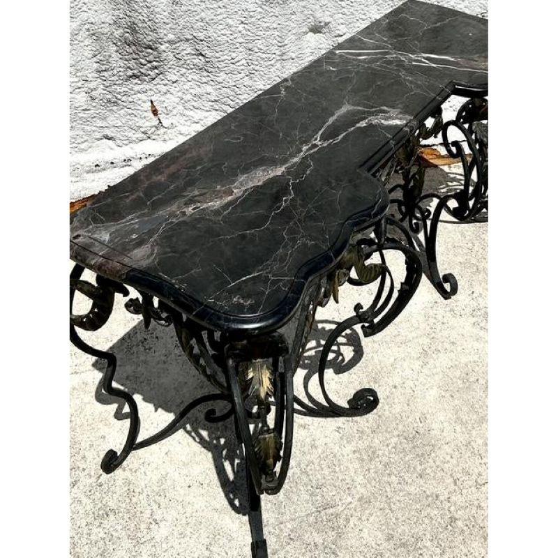 20th Century Vintage Regency Wrought Iron and Marble Console Table For Sale