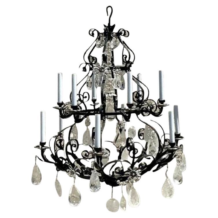 Vintage Regency Wrought Iron and Rock Crystal Chandelier