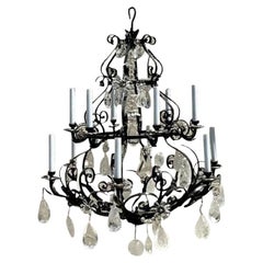 Vintage Regency Wrought Iron and Rock Crystal Chandelier