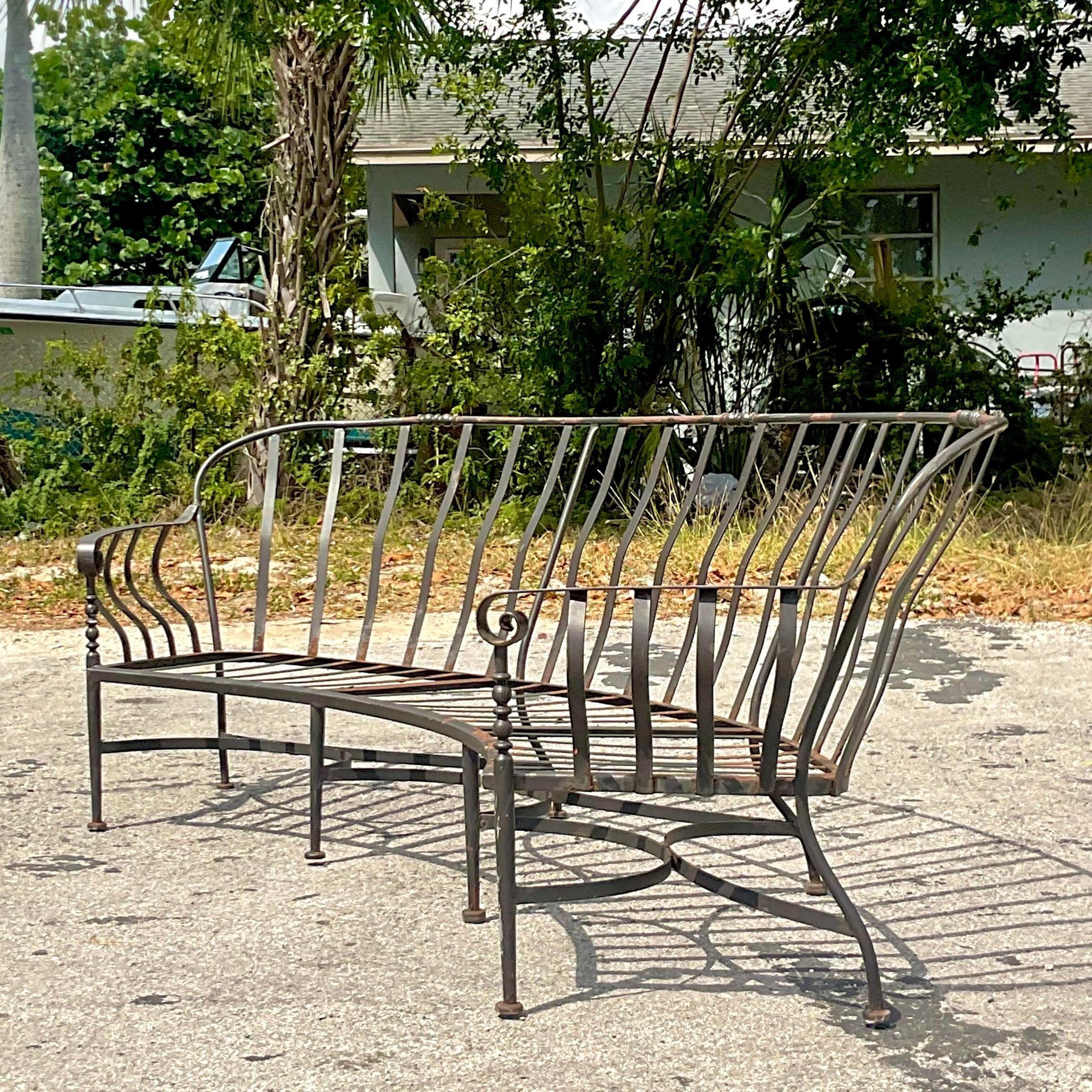 Art Deco Vintage Regency Wrought Iron Curved Sofa