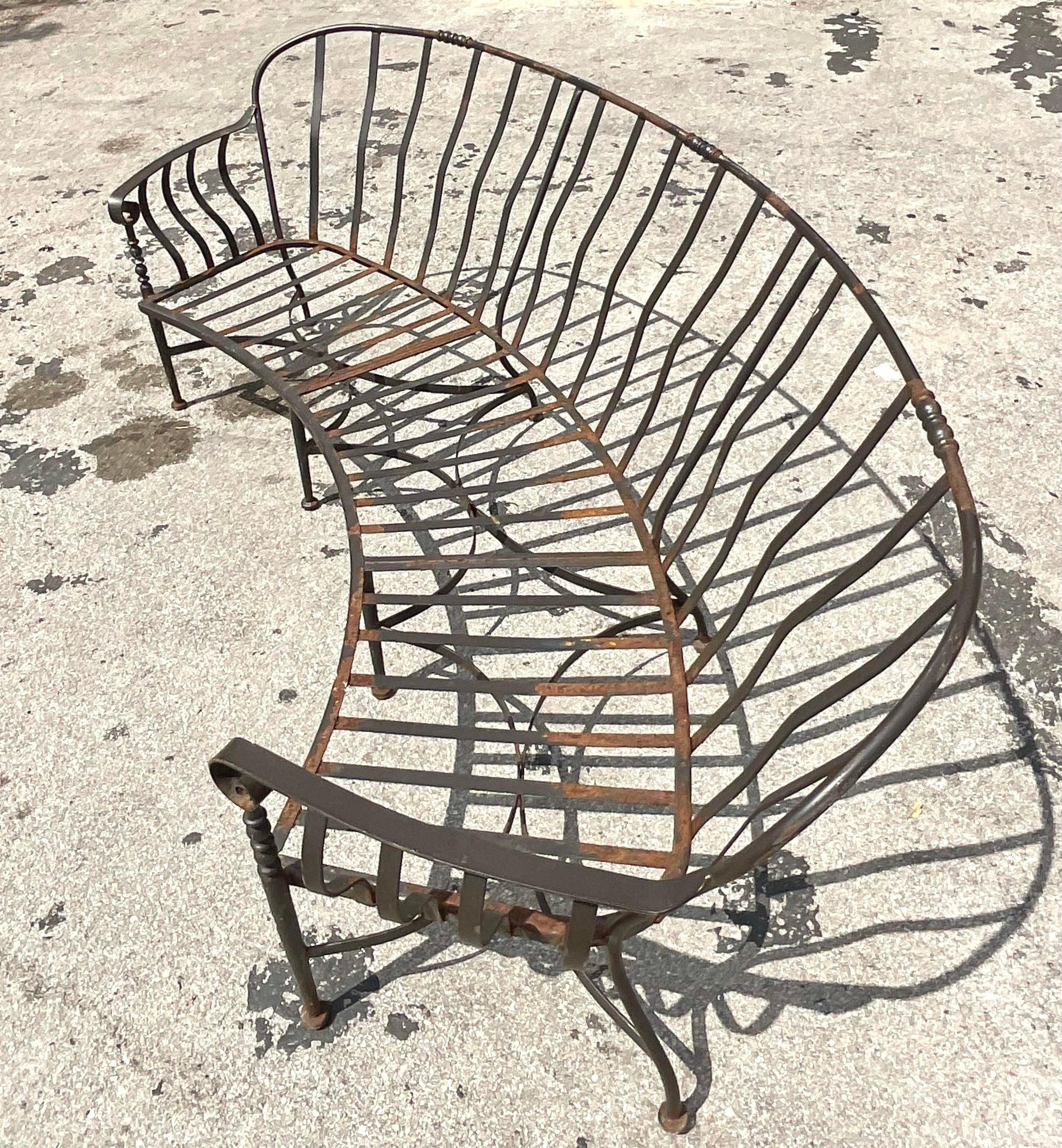 Vintage Regency Wrought Iron Curved Sofa In Good Condition In West Palm Beach, FL