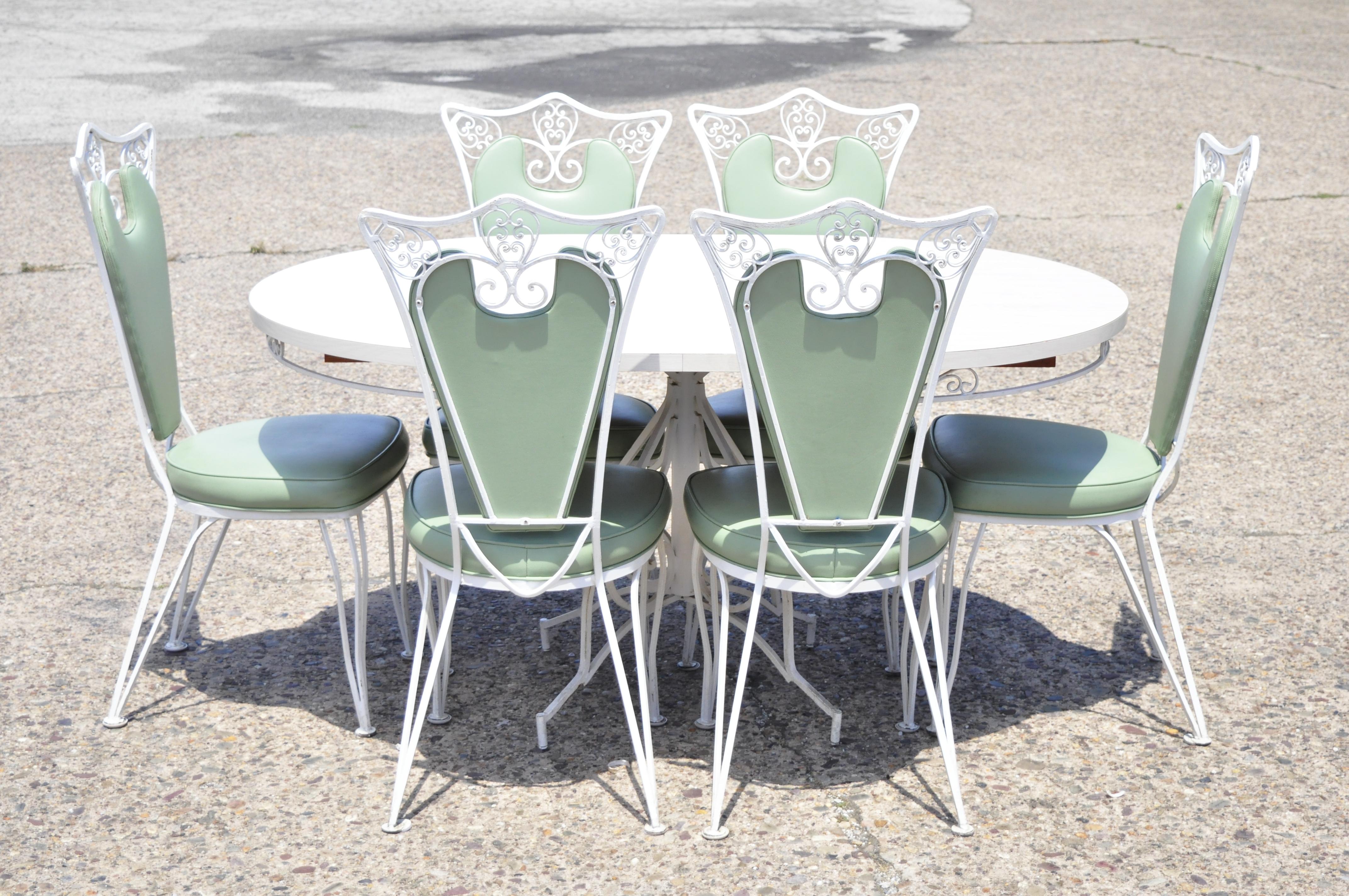 Vintage Regency Wrought Iron Dining Set Oval Table 6 Chairs Mint Green, 7pc Set 4