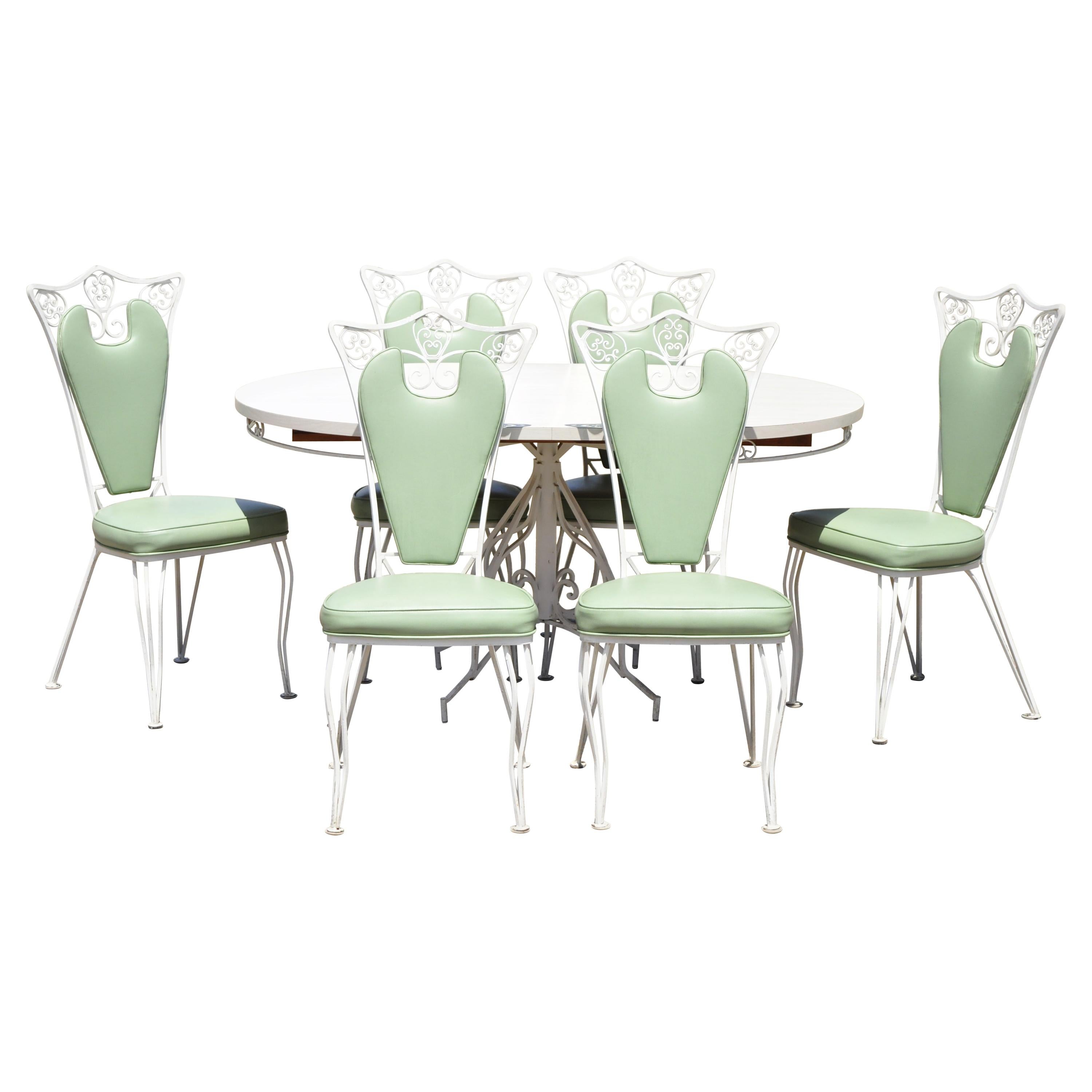 Vintage Regency Wrought Iron Dining Set Oval Table 6 Chairs Mint Green, 7pc Set