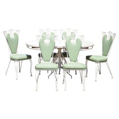 Ensemble de salle à manger de style Régence vintage en fer forgé, table ovale 6 chaises vert menthe, 7 pièces