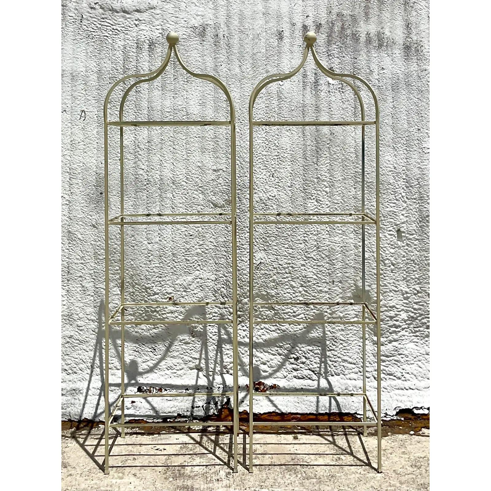 Glass Vintage Regency Wrought Iron Etagere, a Pair