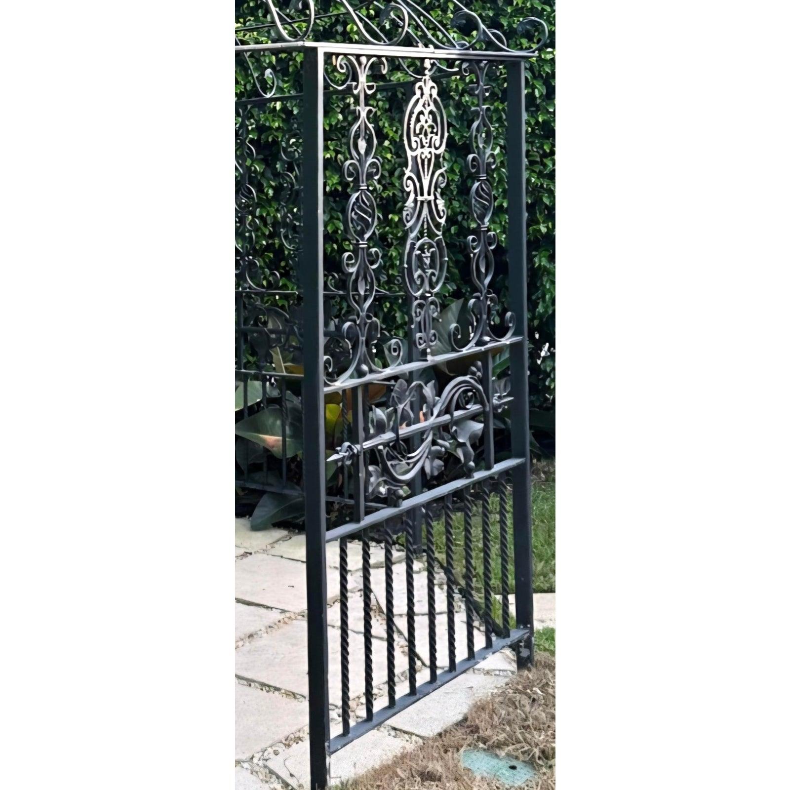 Elevate your outdoor living space with this magnificent vintage Hollywood Regency wrought iron gazebo. Exquisitely crafted, this piece features intricate scrollwork and ornate detailing reminiscent of classic European garden architecture, bringing a