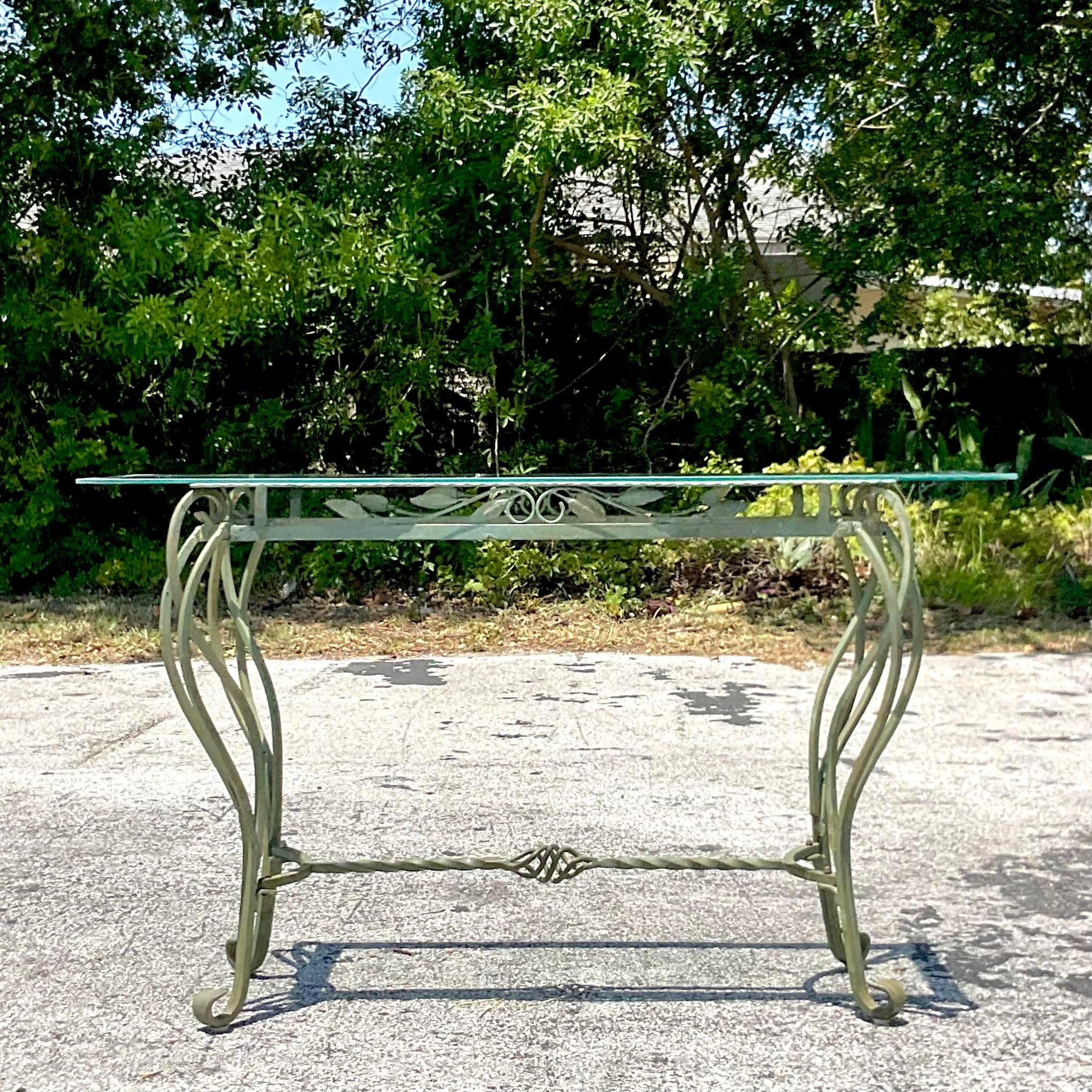 American Vintage Regency Wrought Iron Leaf Console Table For Sale