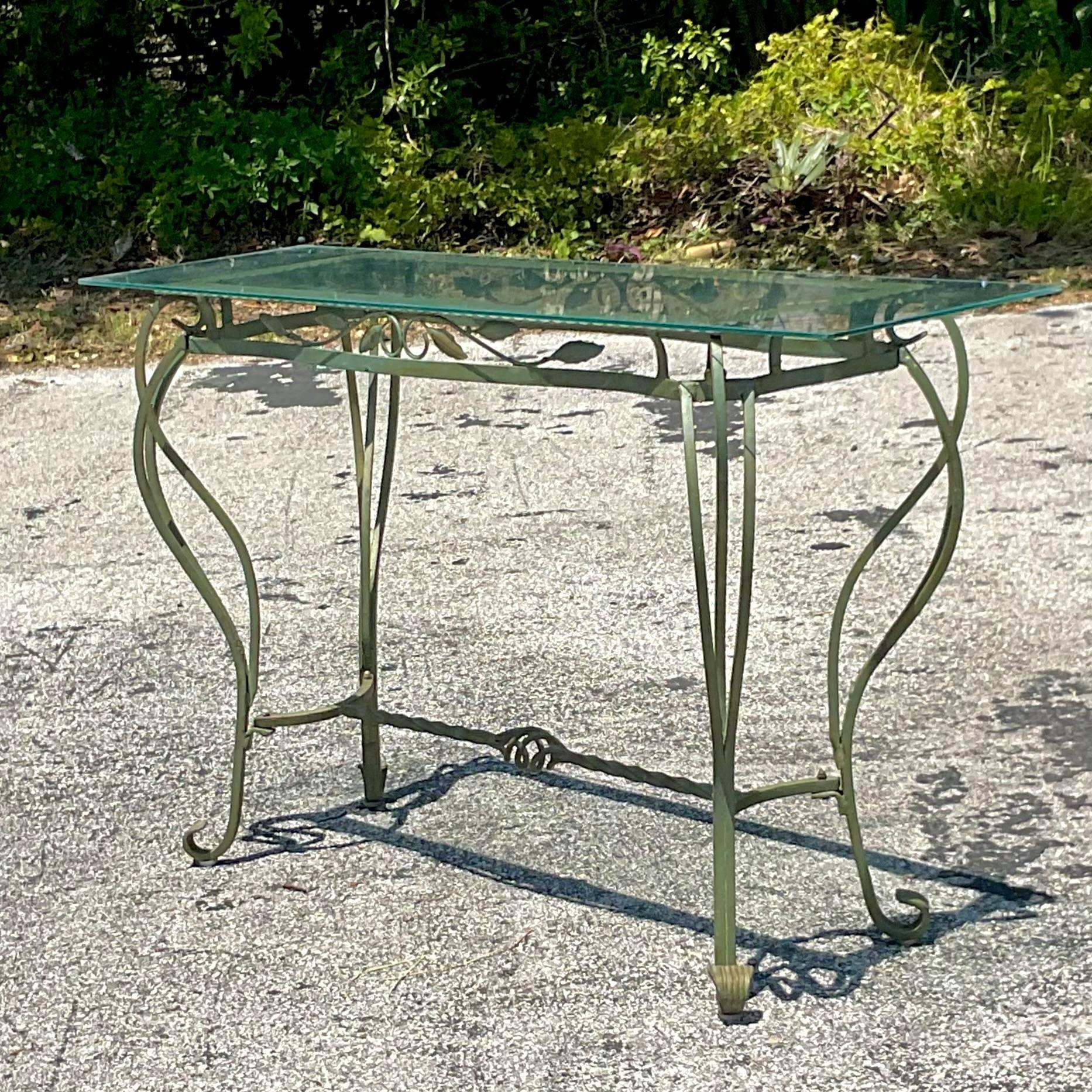 Vintage Regency Wrought Iron Leaf Console Table In Good Condition For Sale In west palm beach, FL
