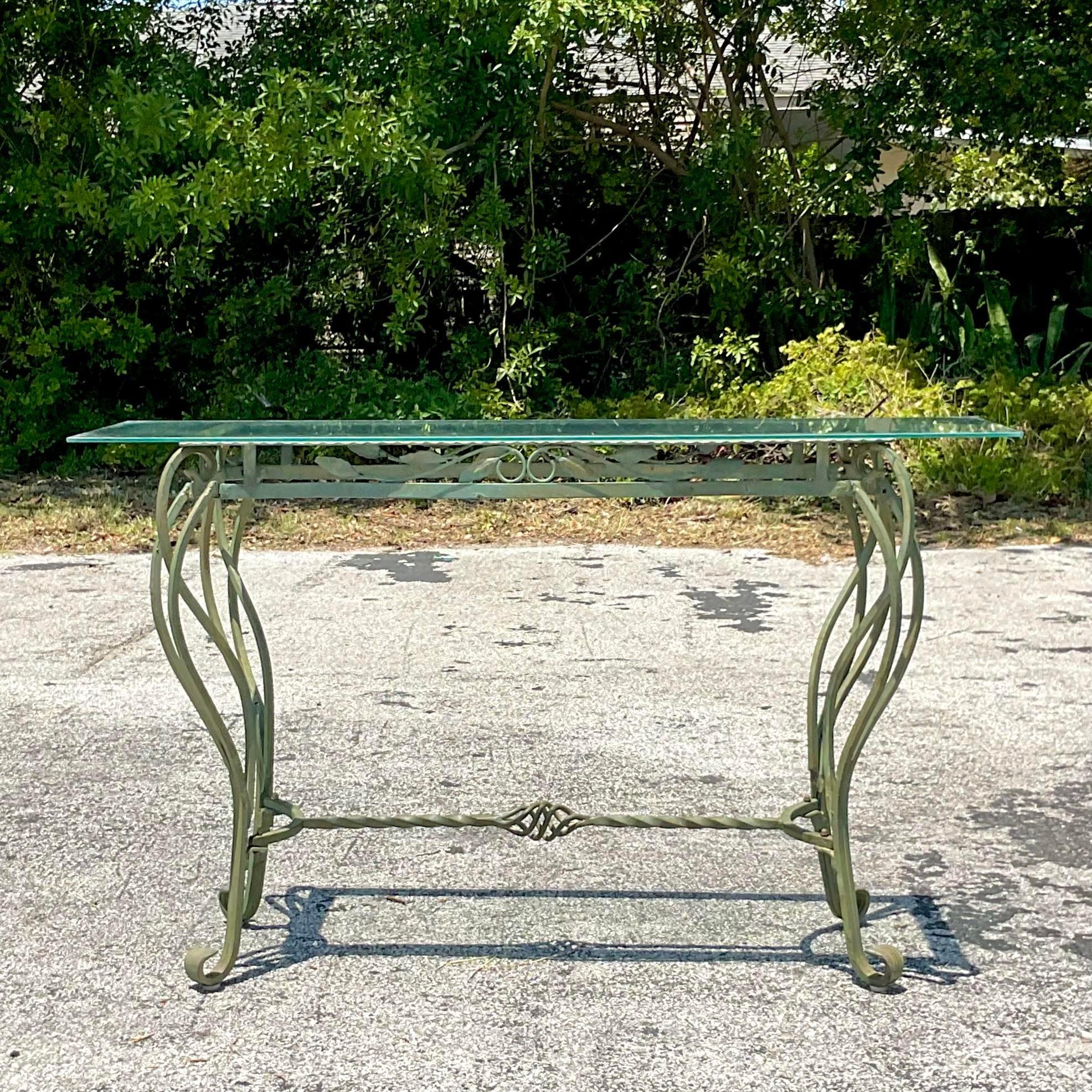 20th Century Vintage Regency Wrought Iron Leaf Console Table For Sale