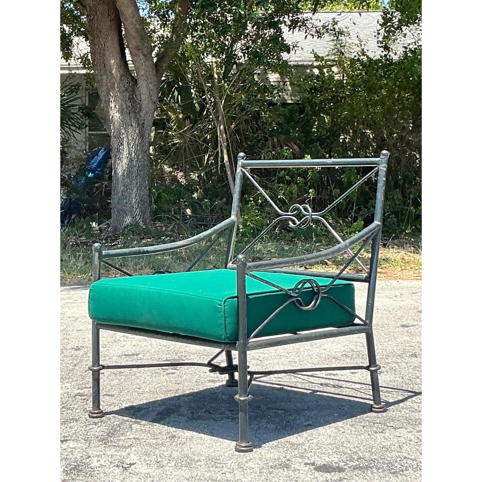 Vintage Regency Wrought Iron Lounge Chair In Good Condition For Sale In west palm beach, FL