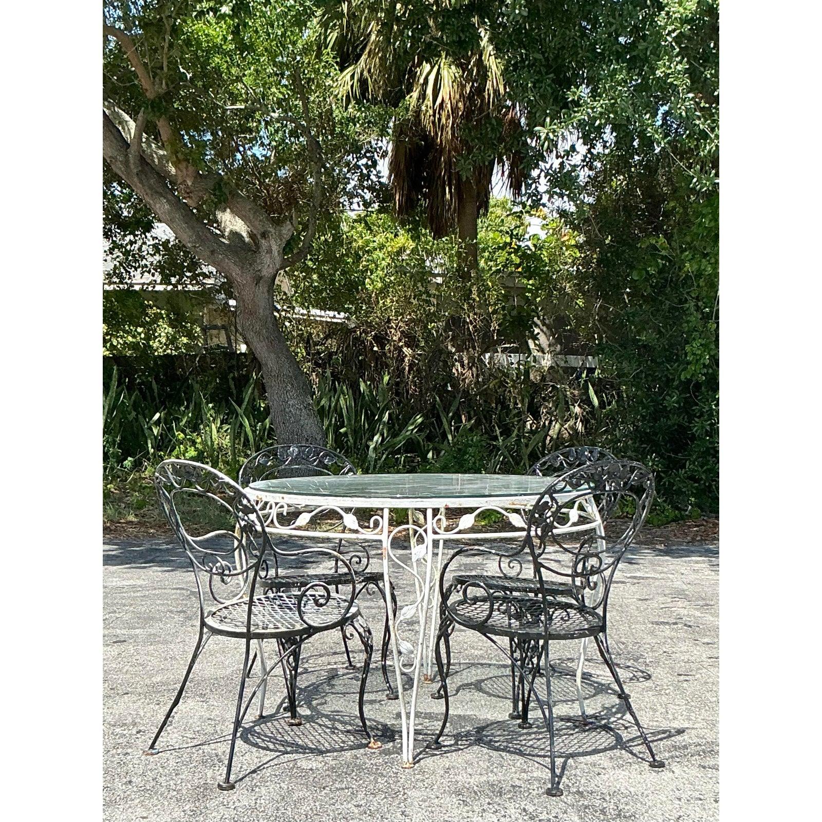 Glass Vintage Regency Wrought Iron Outdoor Dining Set of 5 For Sale