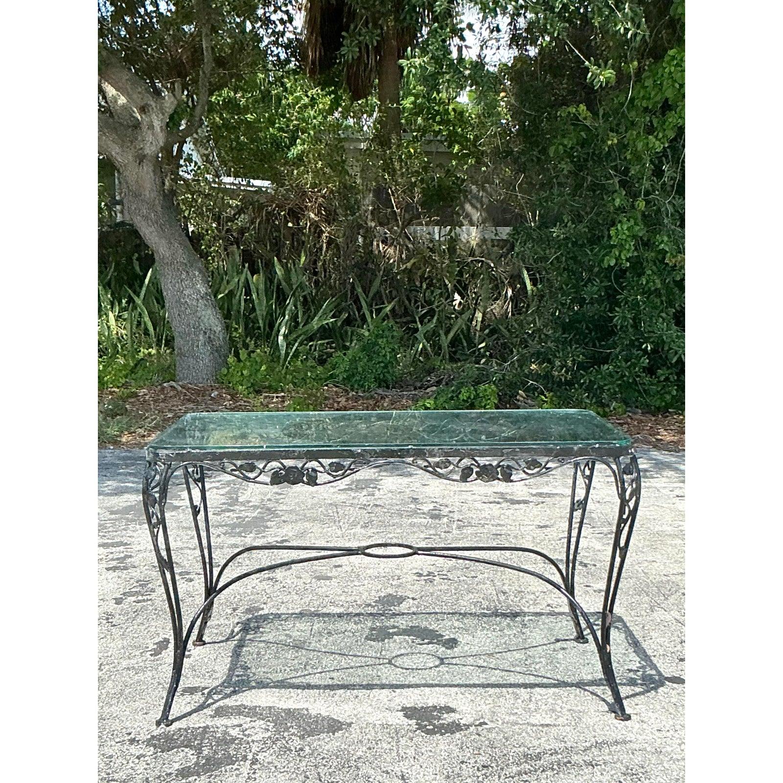 Glass Vintage Regency Wrought Iron Outdoor Dining Set of 5 For Sale