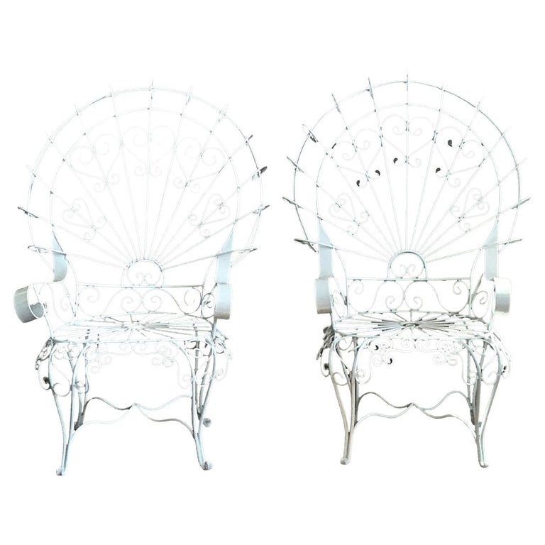 Vintage Regency Wrought Iron Peacock Salon Chairs After Salterini