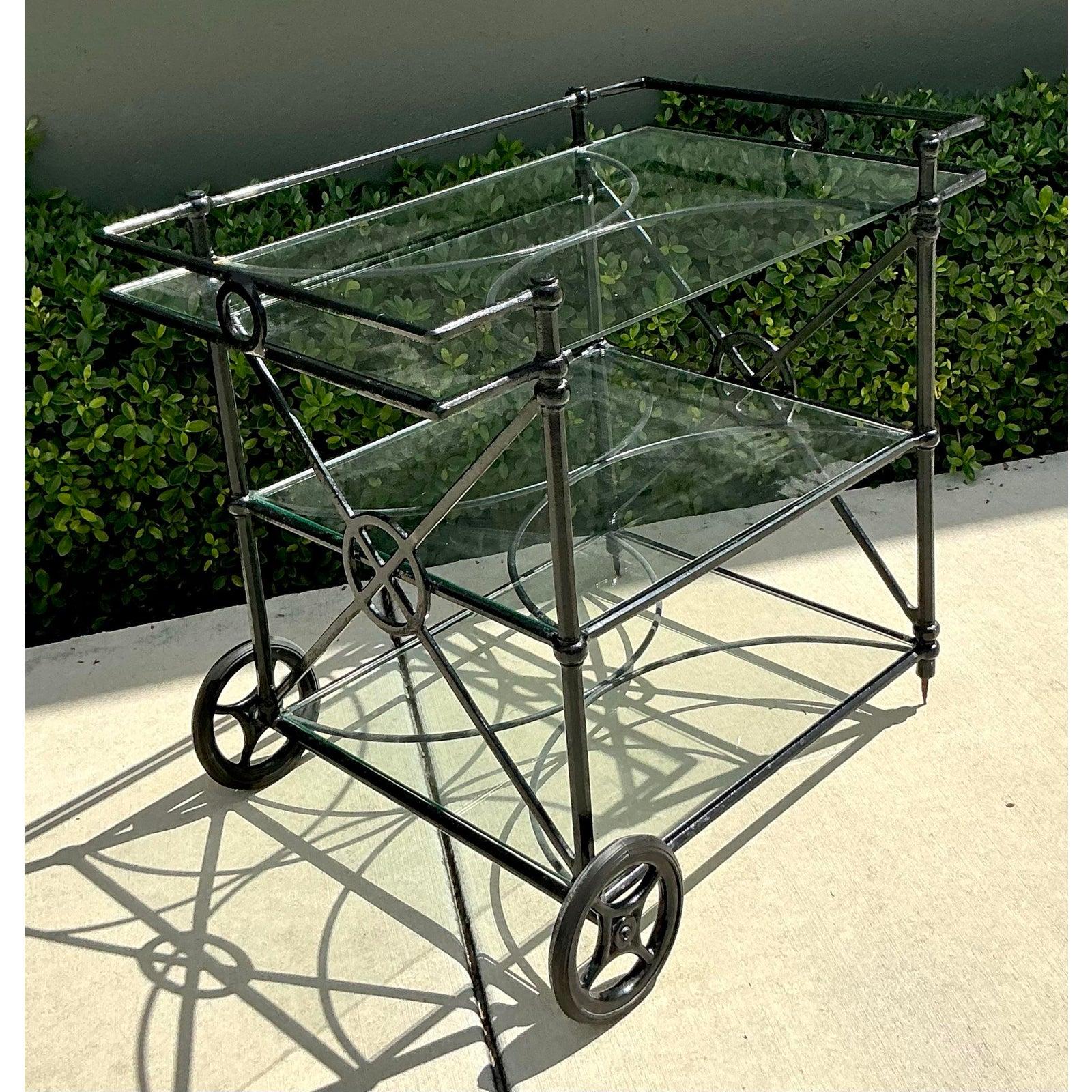 Glass Vintage Regency Wrought Iron Target Dry Bar For Sale