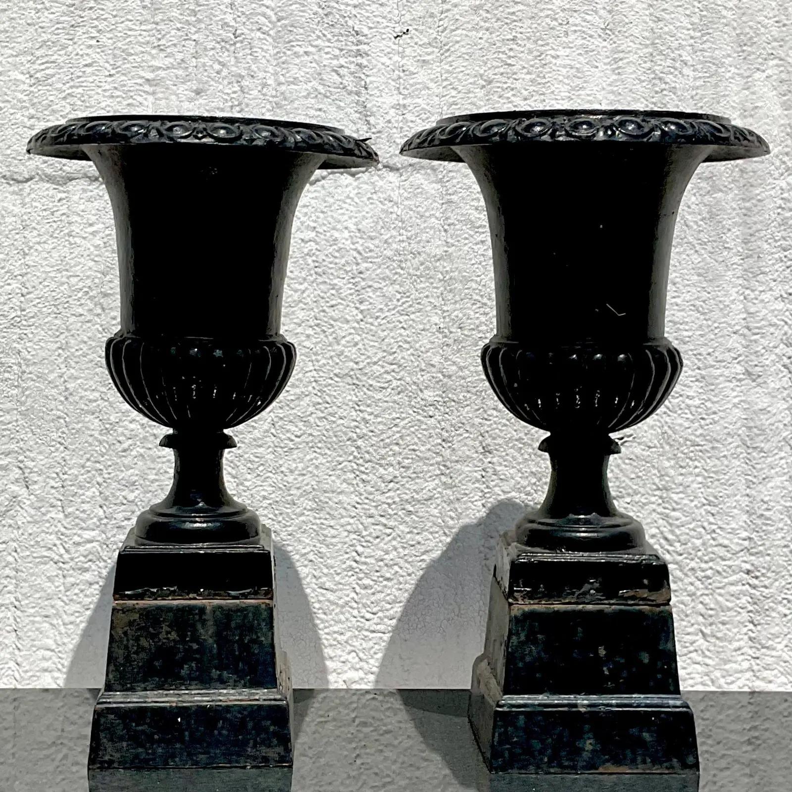 North American Vintage Regency Wrought Iron Urns, a Pair