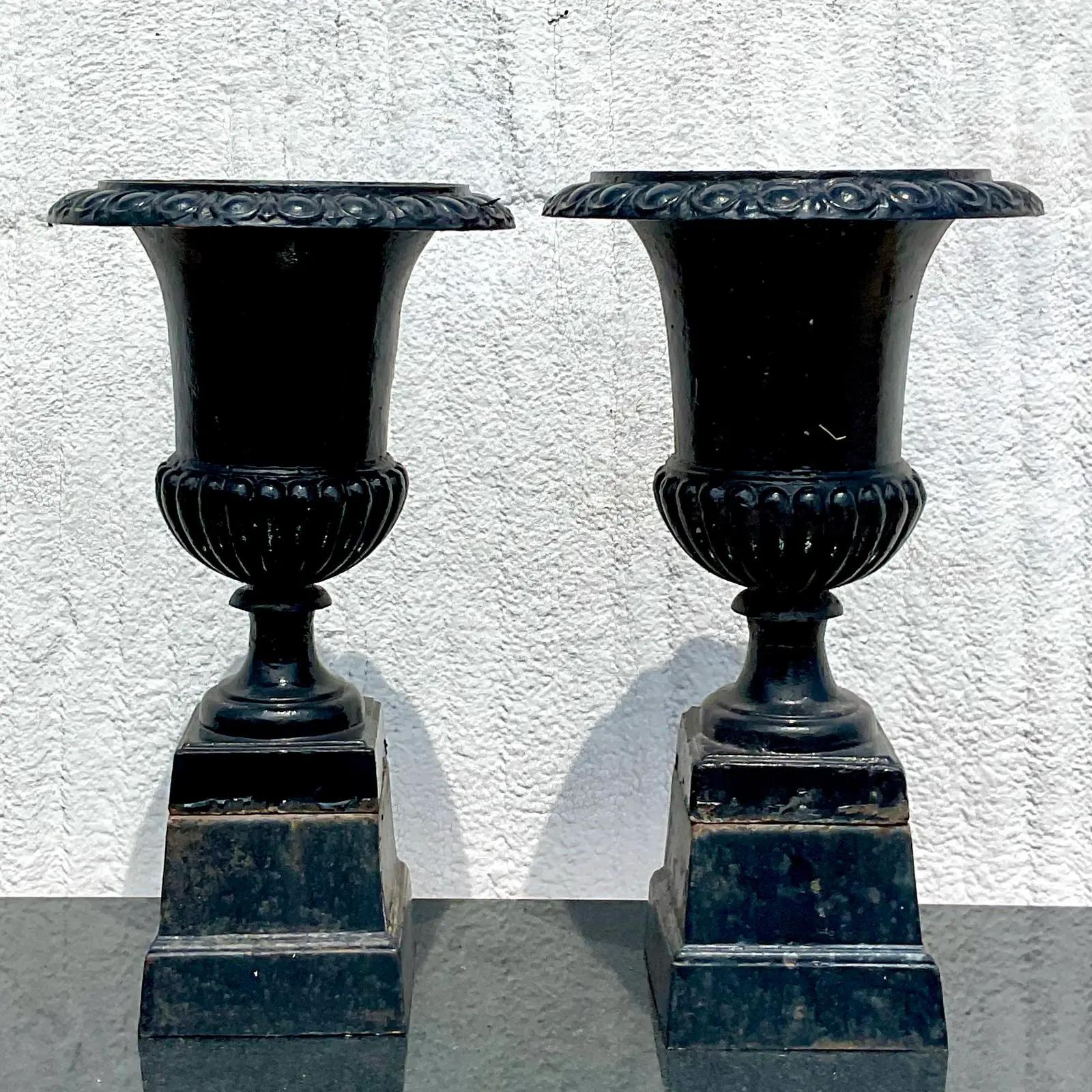 Vintage Regency Wrought Iron Urns, a Pair In Good Condition In west palm beach, FL