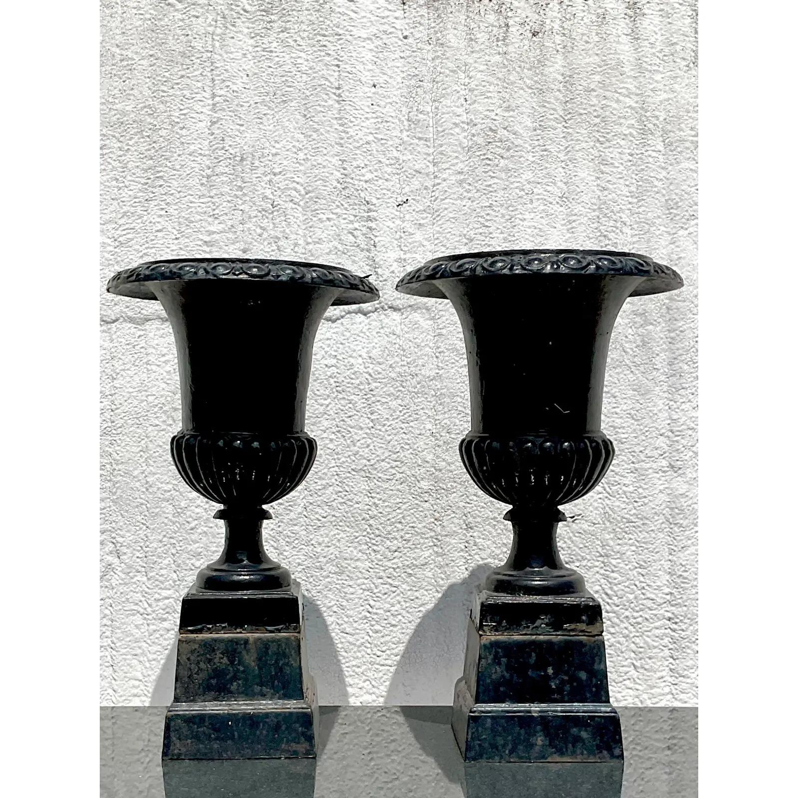 20th Century Vintage Regency Wrought Iron Urns, a Pair