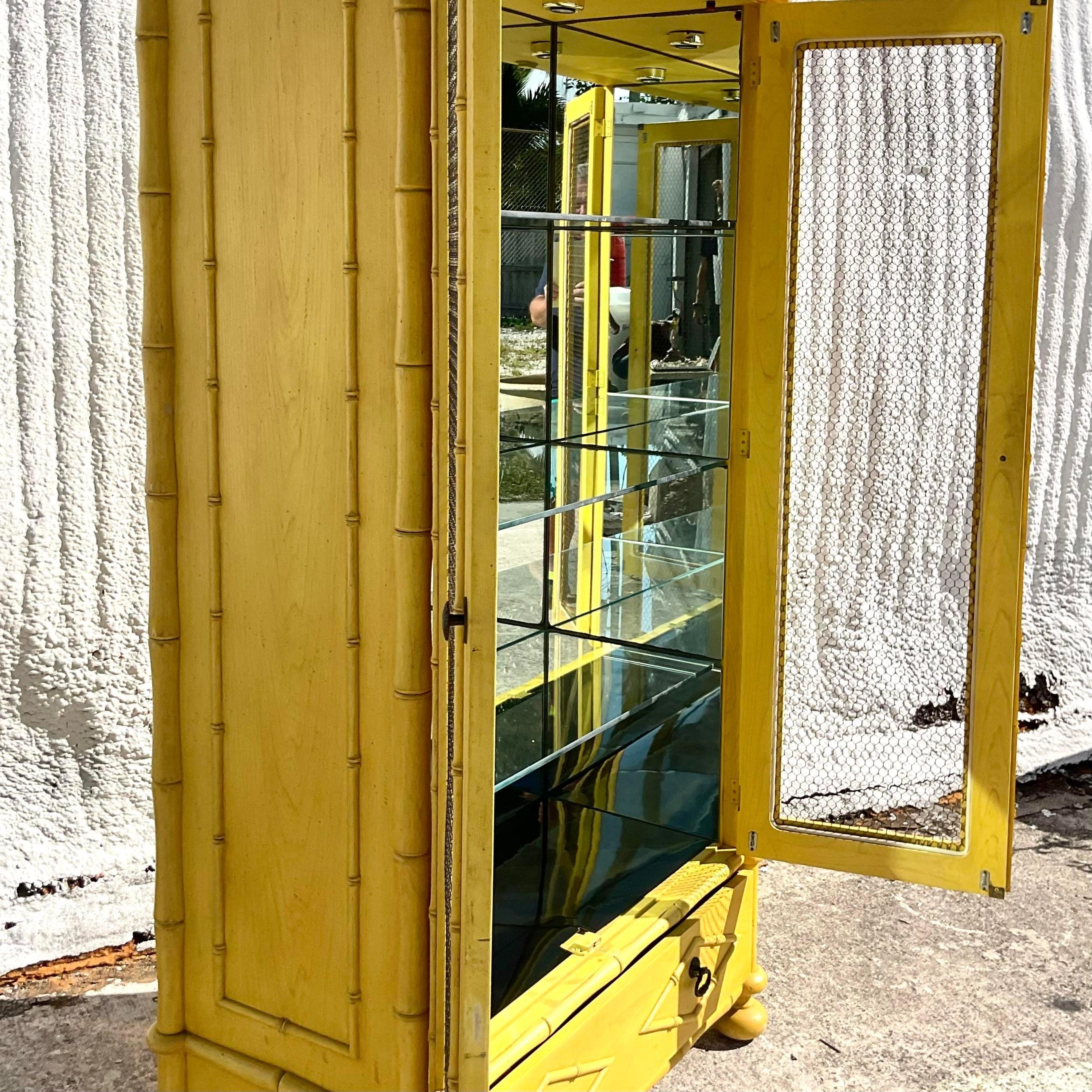 Vintage Regency Youngsville Star Custom Carved Bamboo Mirrored Cabinet In Good Condition In west palm beach, FL