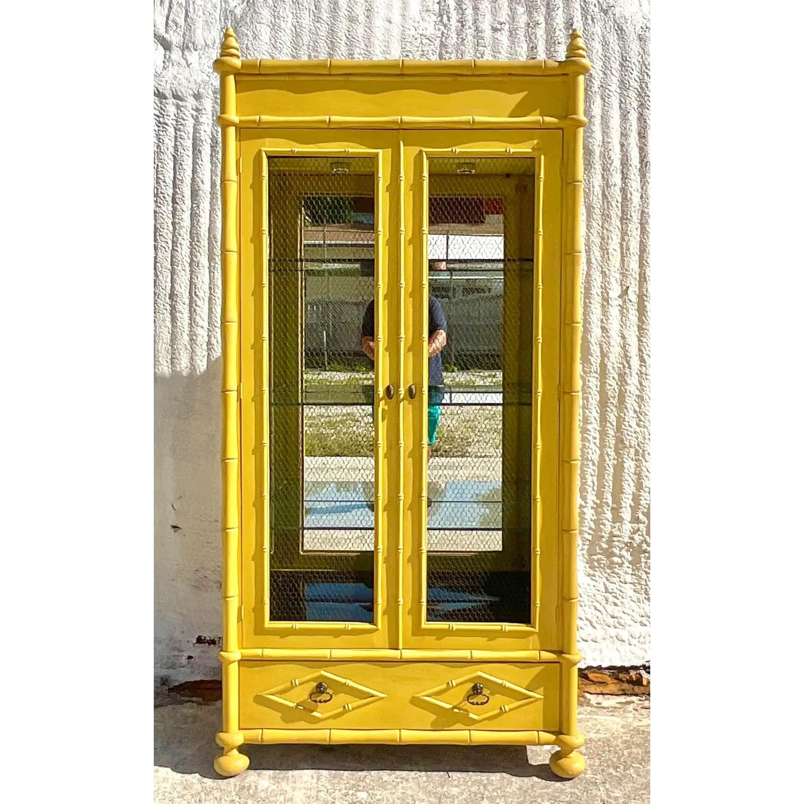 North American Vintage Regency Youngsville Star Custom Carved Bamboo Mirrored Cabinet For Sale