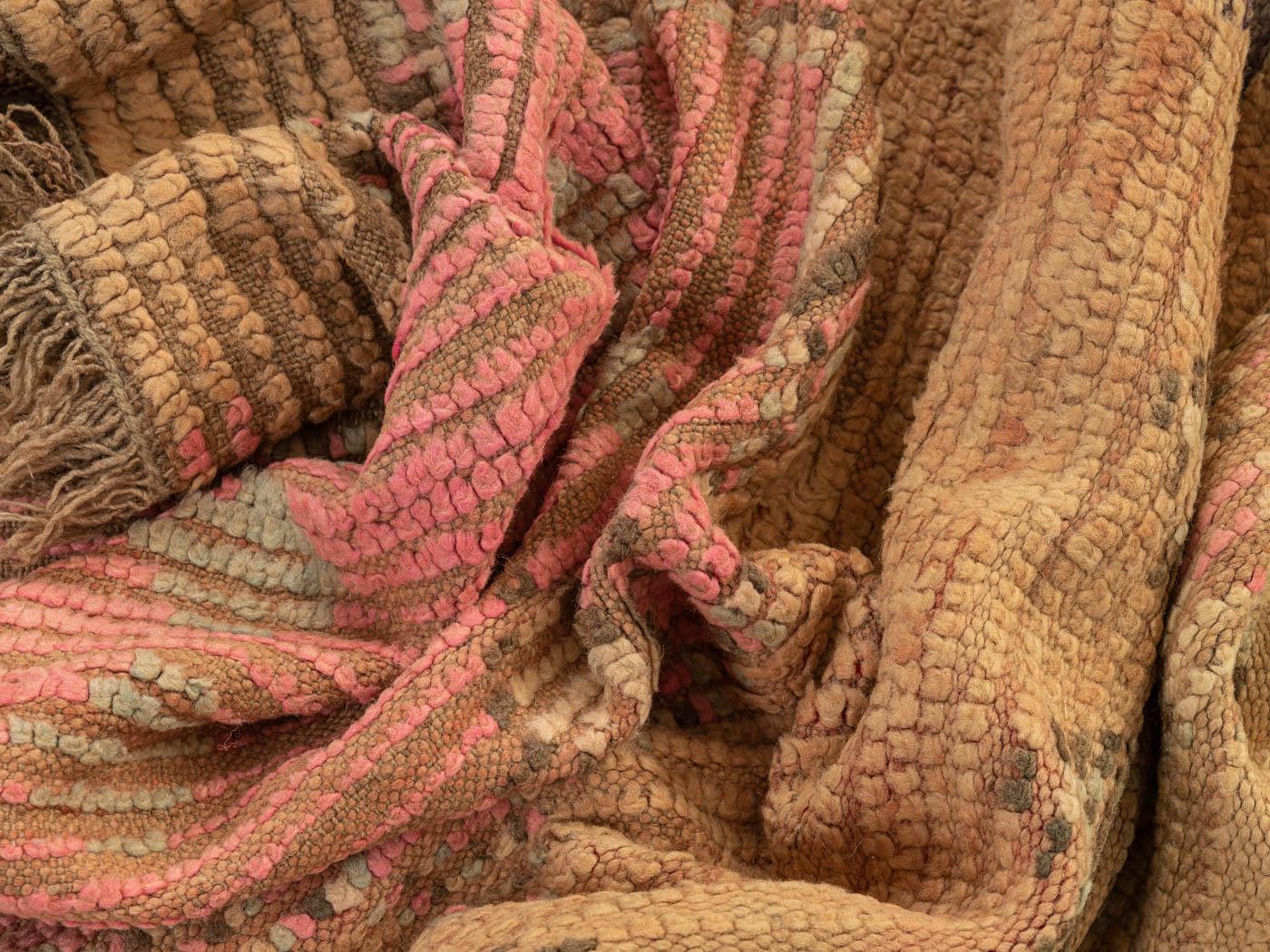 Hand-Crafted Vintage Rehamna Berber Rug golden beige pink Runner traditional pattern For Sale