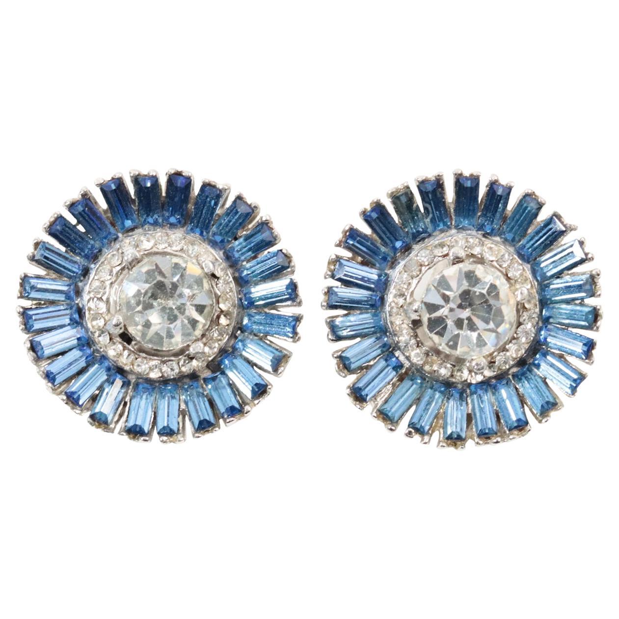 Vintage Reinad Silver Tone Diamante and Sapphire Earrings Circa 1960s