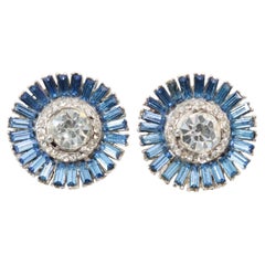 Pendientes vintage Reinad de diamantes y zafiros en tono plateado Circa años 60