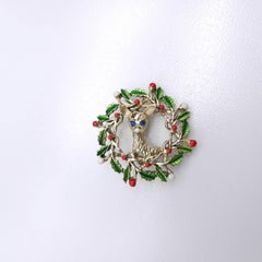 Vintage Reindeer in Holly Wreath Brooch by Gerrys, Beads, Crystals, Green Enamel