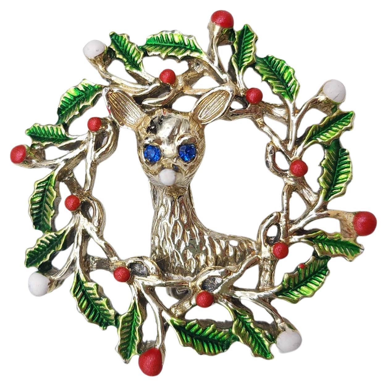 Broche Vintage Reindeer in Holly Wreath by Gerrys, Beads, Crystals, Green Enamel (Renne dans une couronne de houx)