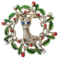 Vintage Reindeer in Holly Wreath Brooch by Gerrys, Beads, Crystals, Green Enamel