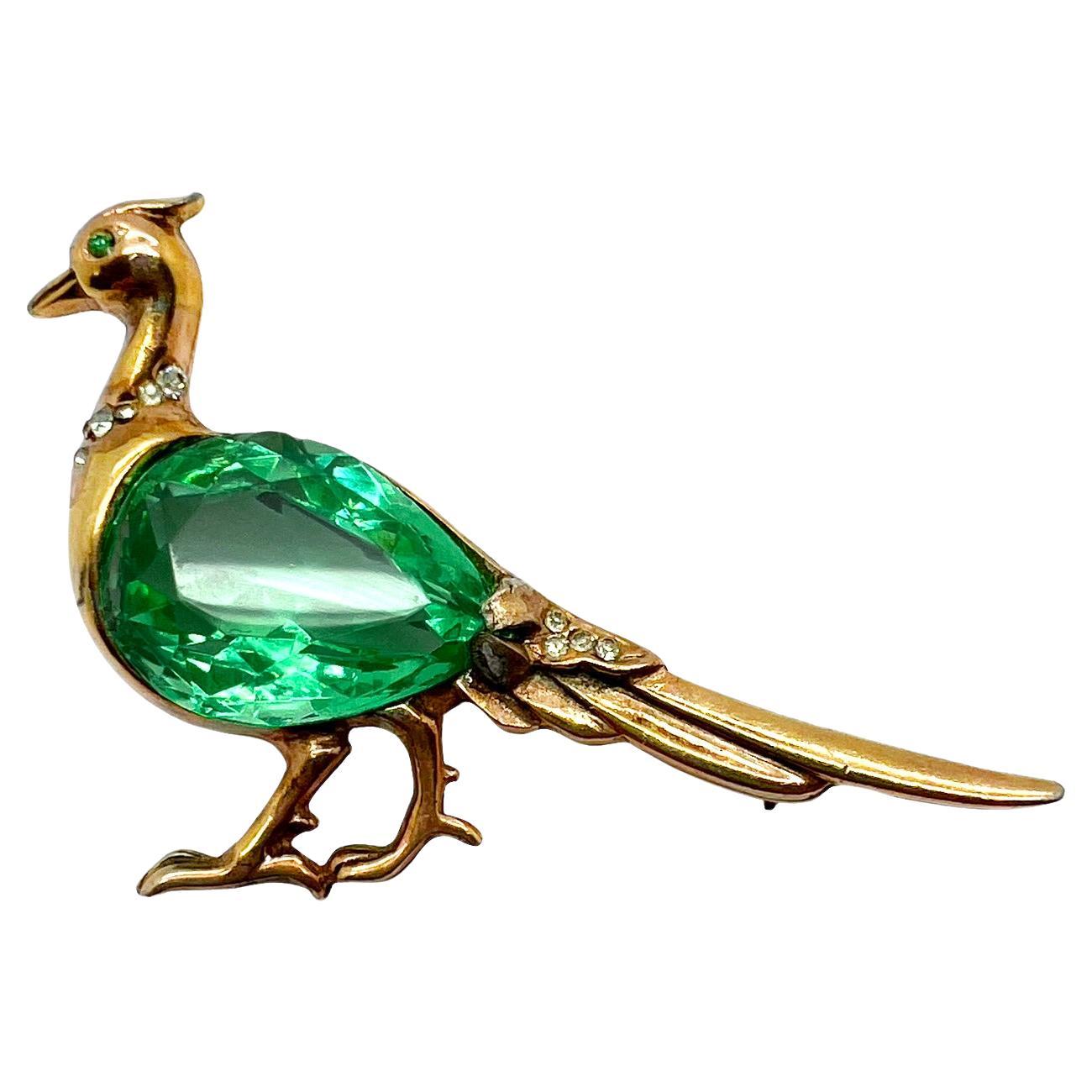 Vintage Reja Attr. Emerald Paste Peacock Brooch 1940s For Sale