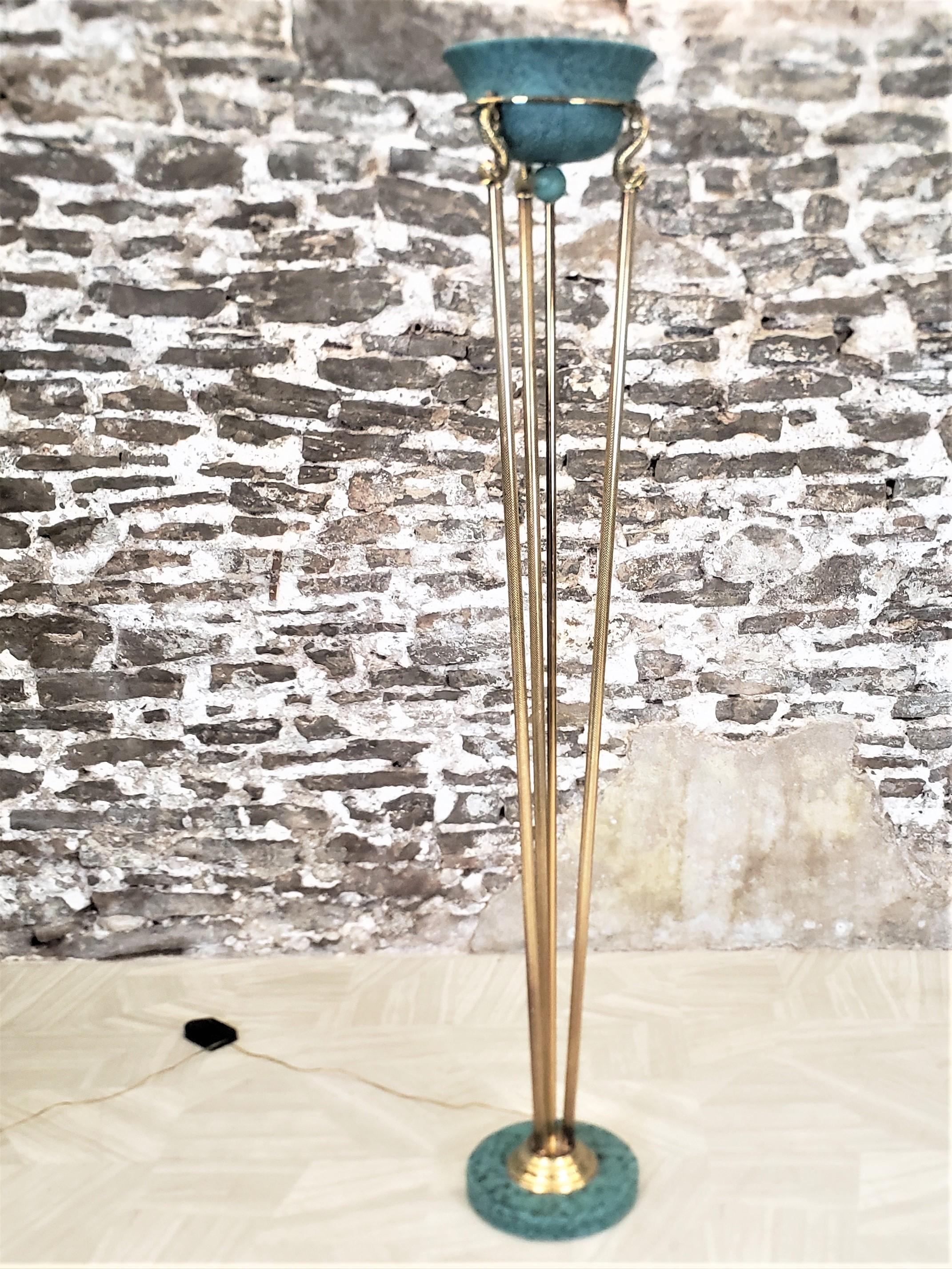 Machine-Made Vintage Relco Italian Halogen Tortiere Floor Lamp with Figural Brass Serpants For Sale