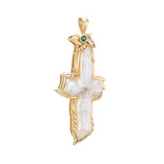 Vintage Religious Cross Pendant Biwa Pearl Diamond Emerald Eagle Head 18k Gold
