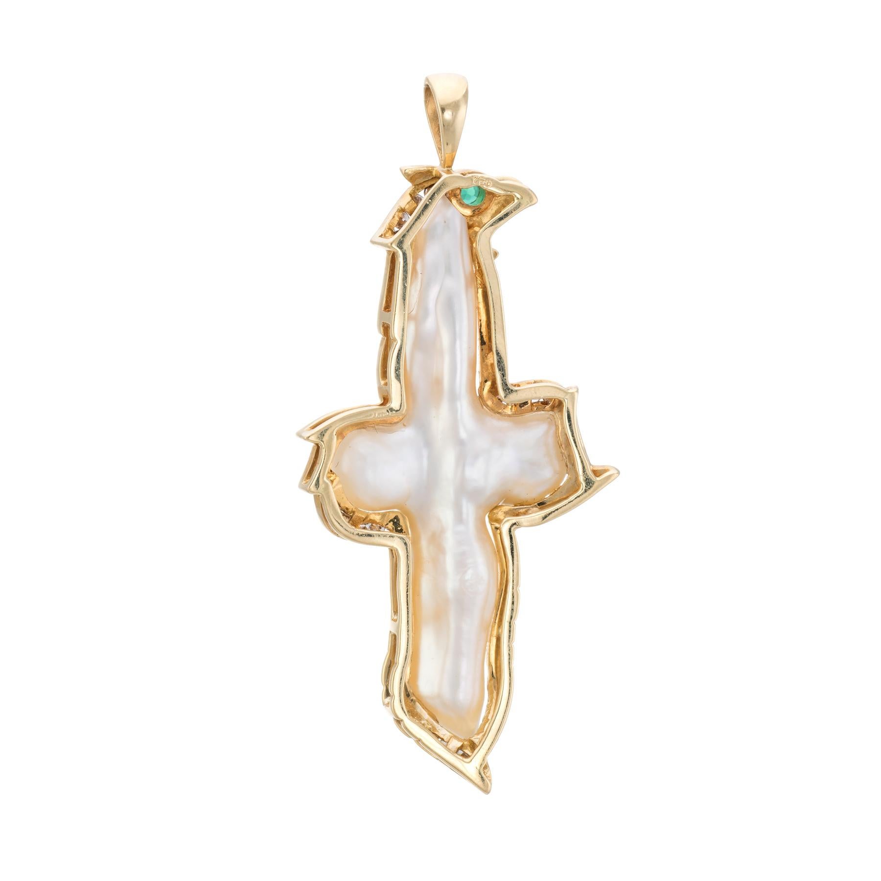 Vintage Religious Cross Pendant Biwa Pearl Diamond Emerald Eagle Head 18k Gold In Excellent Condition In Torrance, CA