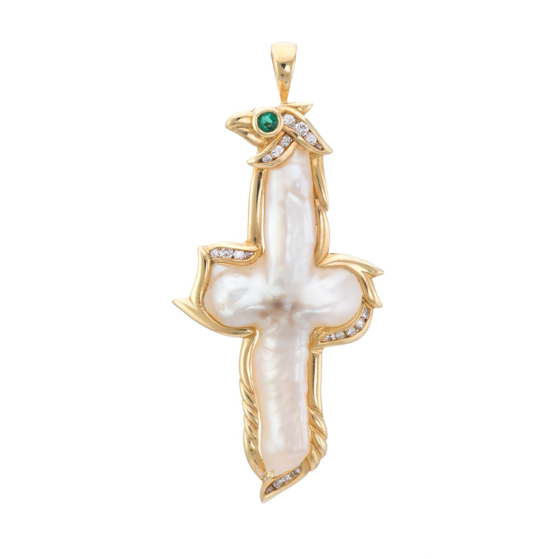 Women's or Men's Vintage Religious Cross Pendant Biwa Pearl Diamond Emerald Eagle Head 18k Gold