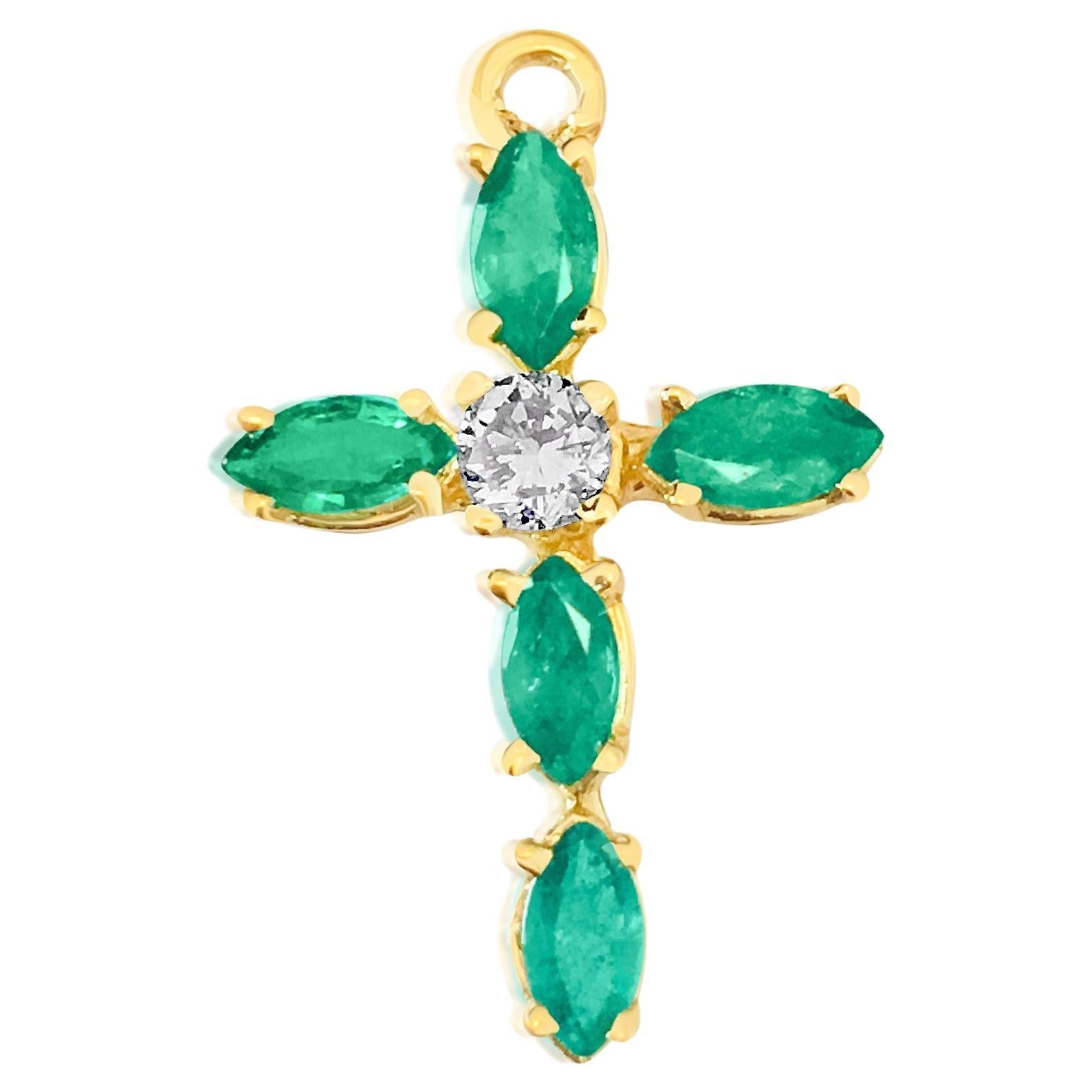 Vintage Religious Diamond & Emerald Cross in 14K For Sale