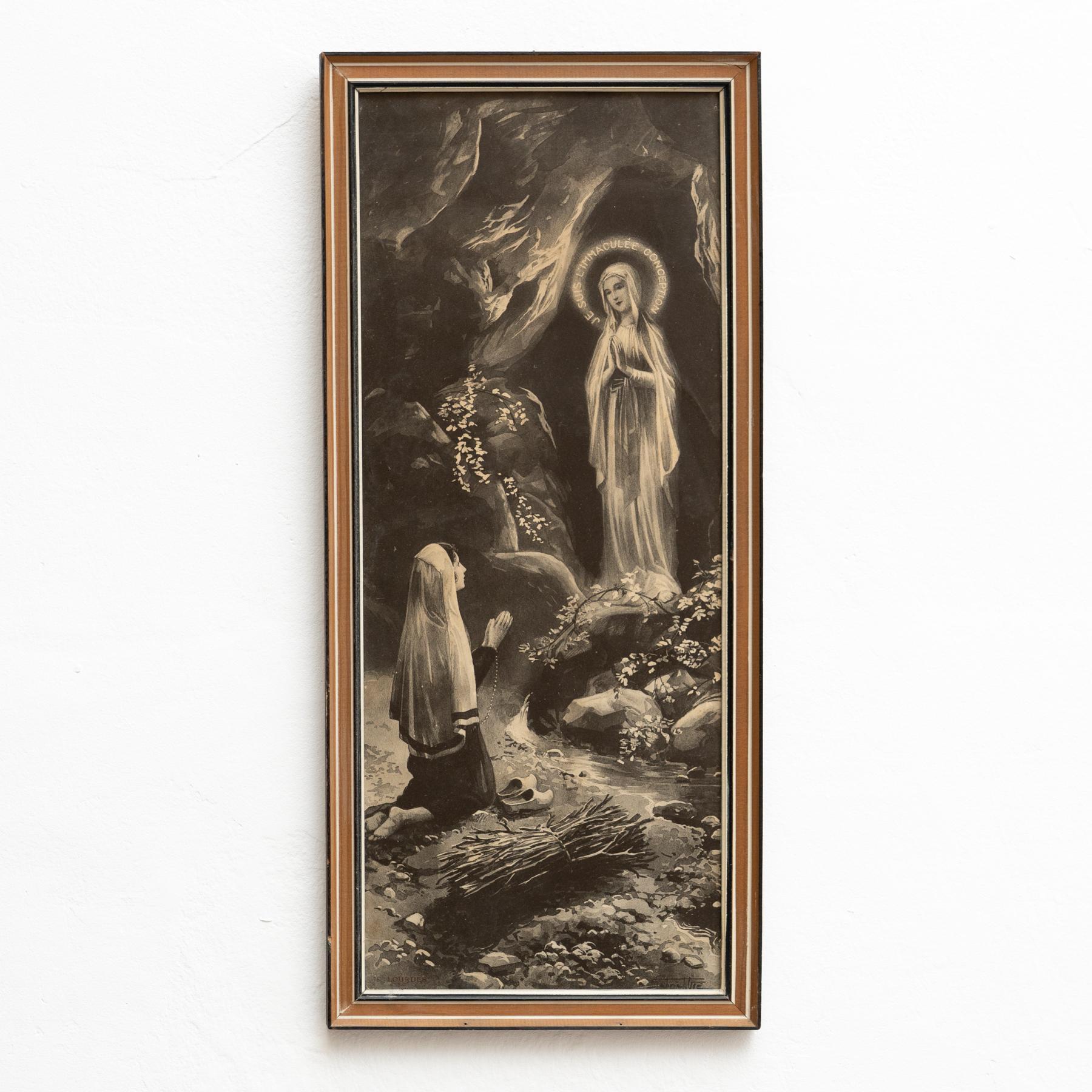 Vintage religiöses gerahmtes Kunstwerk, von unbekanntem Künstler.    Hergestellt in Spanien, um 1950.    Originaler Zustand mit geringen alters- und gebrauchsbedingten Abnutzungserscheinungen, der eine schöne Patina aufweist.     MATERIALIEN: 