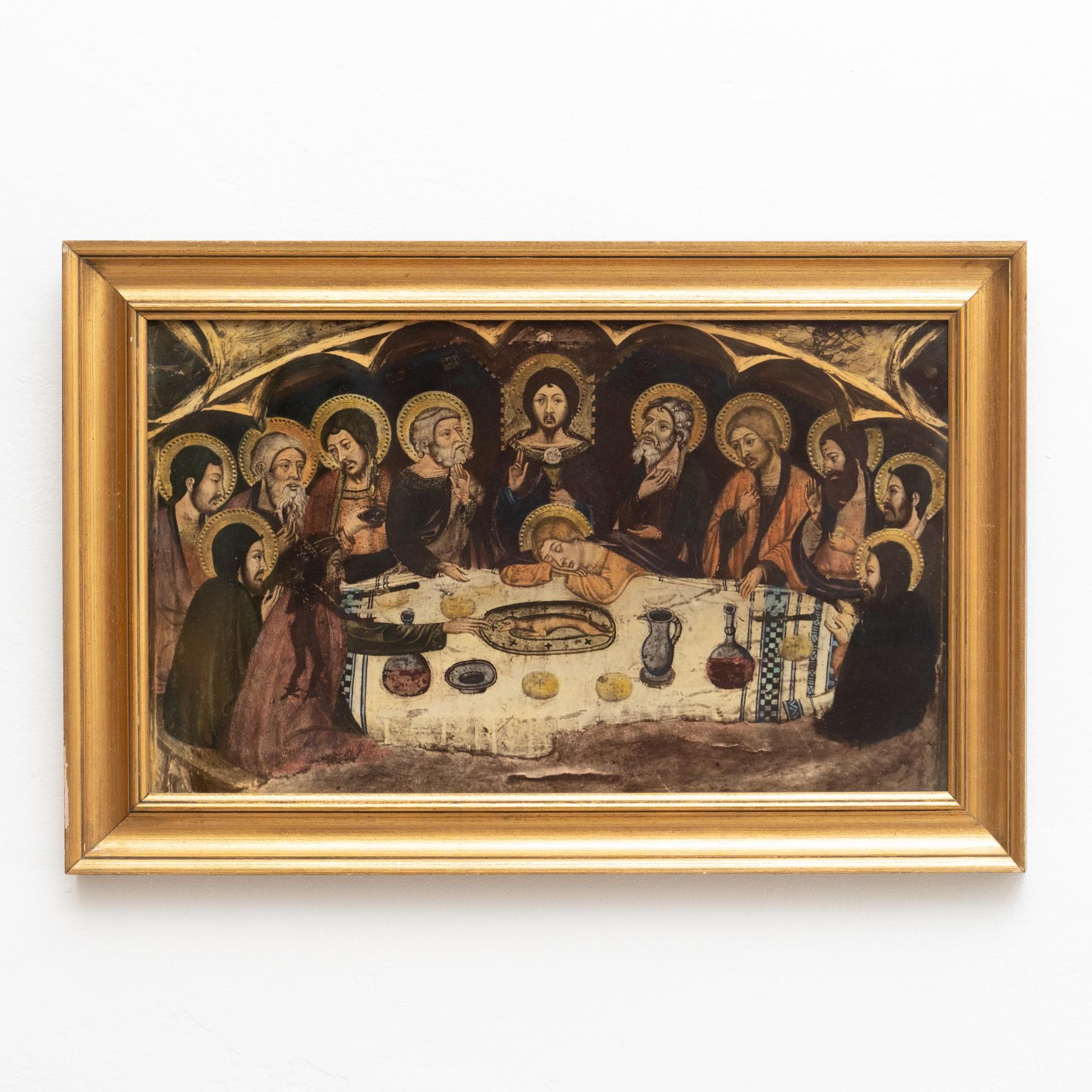 Vintage religious framed artwork, made by unknown artist.    Made in Spain, circa 1950.    In original condition, with minor wear consistent with age and use, preserving a beautiful patina.     Materials:  Paper  Wood.    