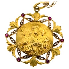 Vintage Religious Pendant in 14kt Gold with Rose Cut Diamonds & Rubies