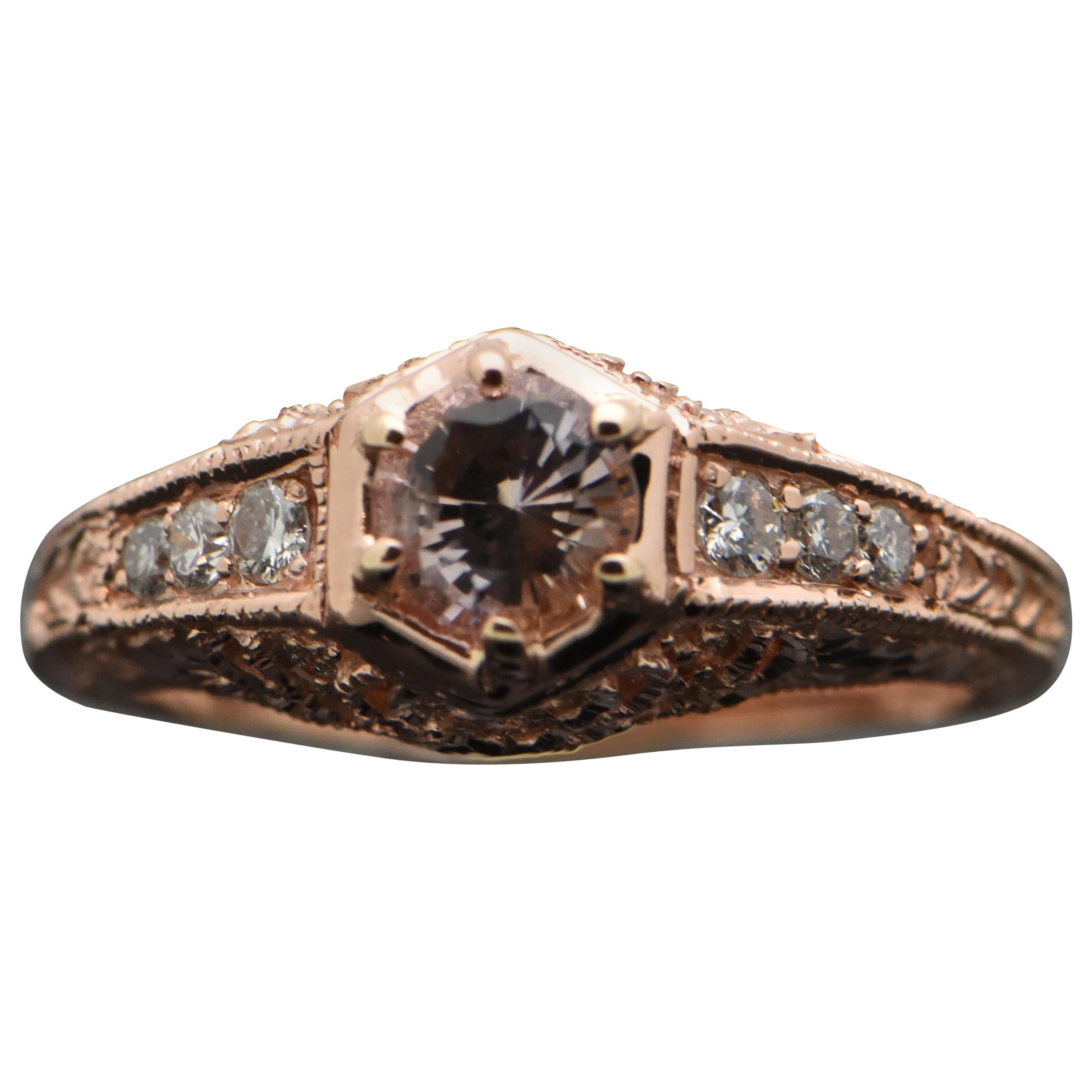 Vintage Remake 14 Karat Rose Gold Pink Sapphire and Diamonds Ring For Sale