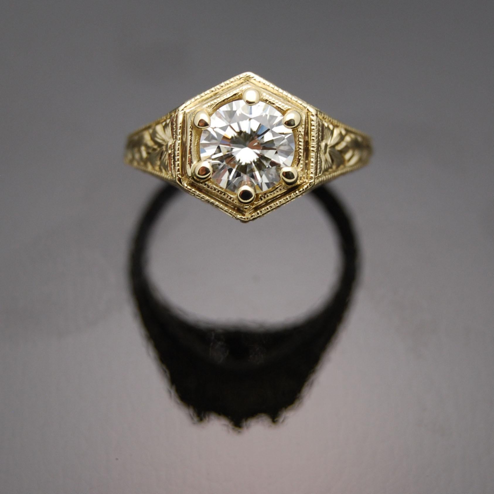 Vintage Remake Art Deco Style 14kt Yellow Gold Diamond Ring For Sale