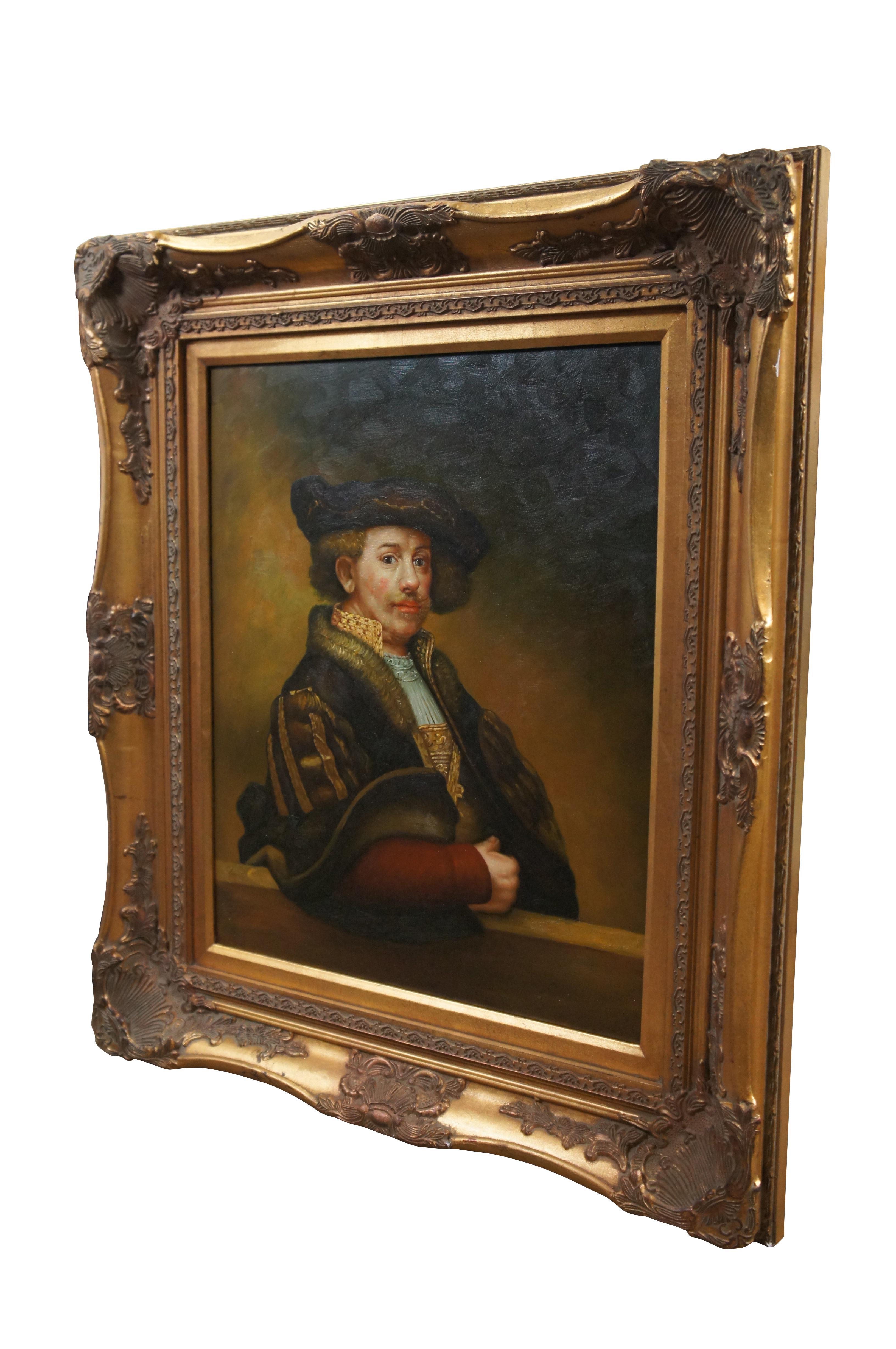 Vintage reproduction oil painting on canvas of Rembrandt at age 34.  Originally painted in the 17th century, these self portraits were created by the artist looking at himself in a mirror, and the paintings and drawings therefore reverse his actual
